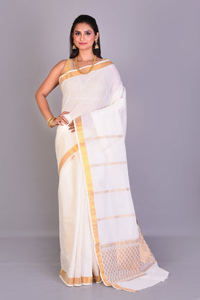 White Blended Silk Saree with Golden Borders - Keya Seth Exclusive