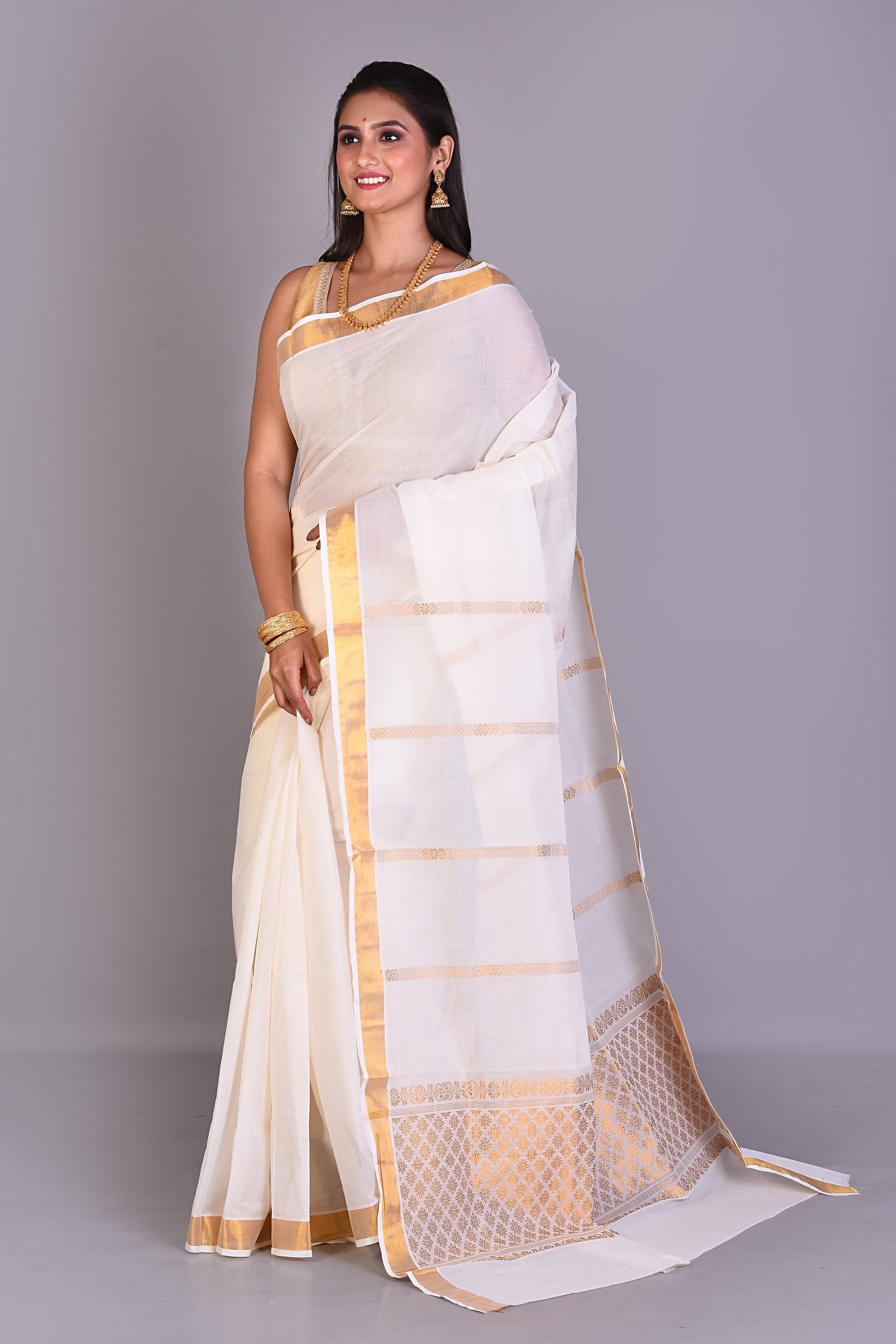 White Blended Silk Saree with Golden Borders - Keya Seth Exclusive