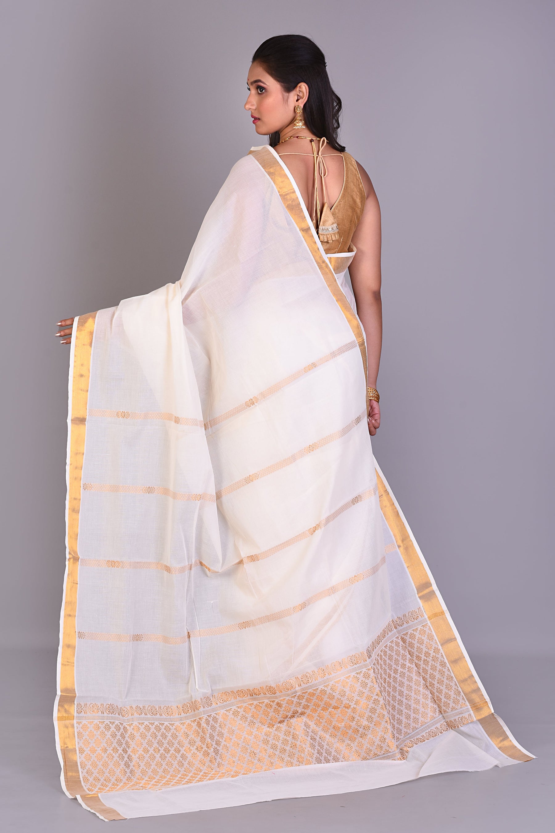 White Blended Silk Saree with Golden Borders - Keya Seth Exclusive