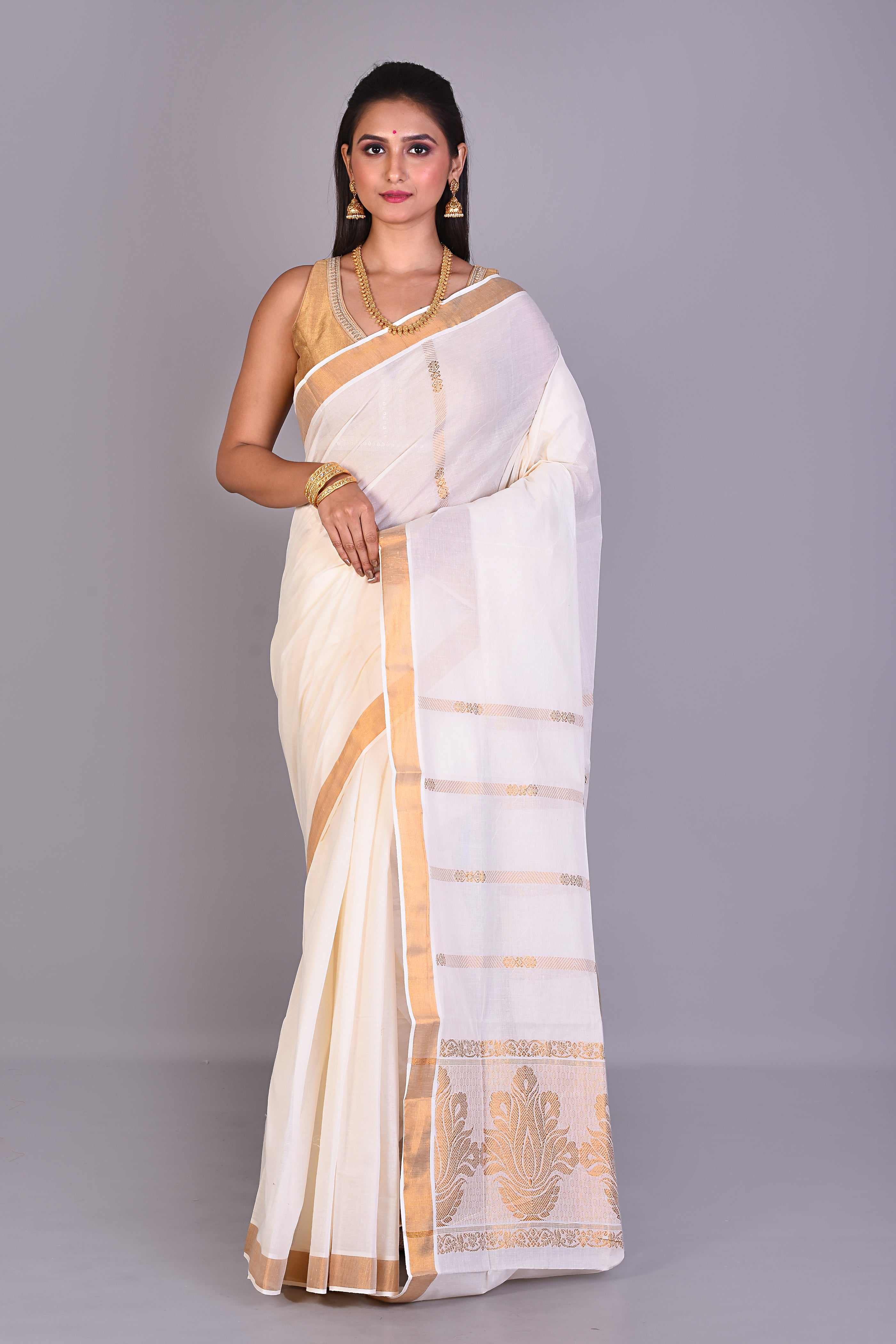 White Blended Silk Saree with Golden Borders - Keya Seth Exclusive