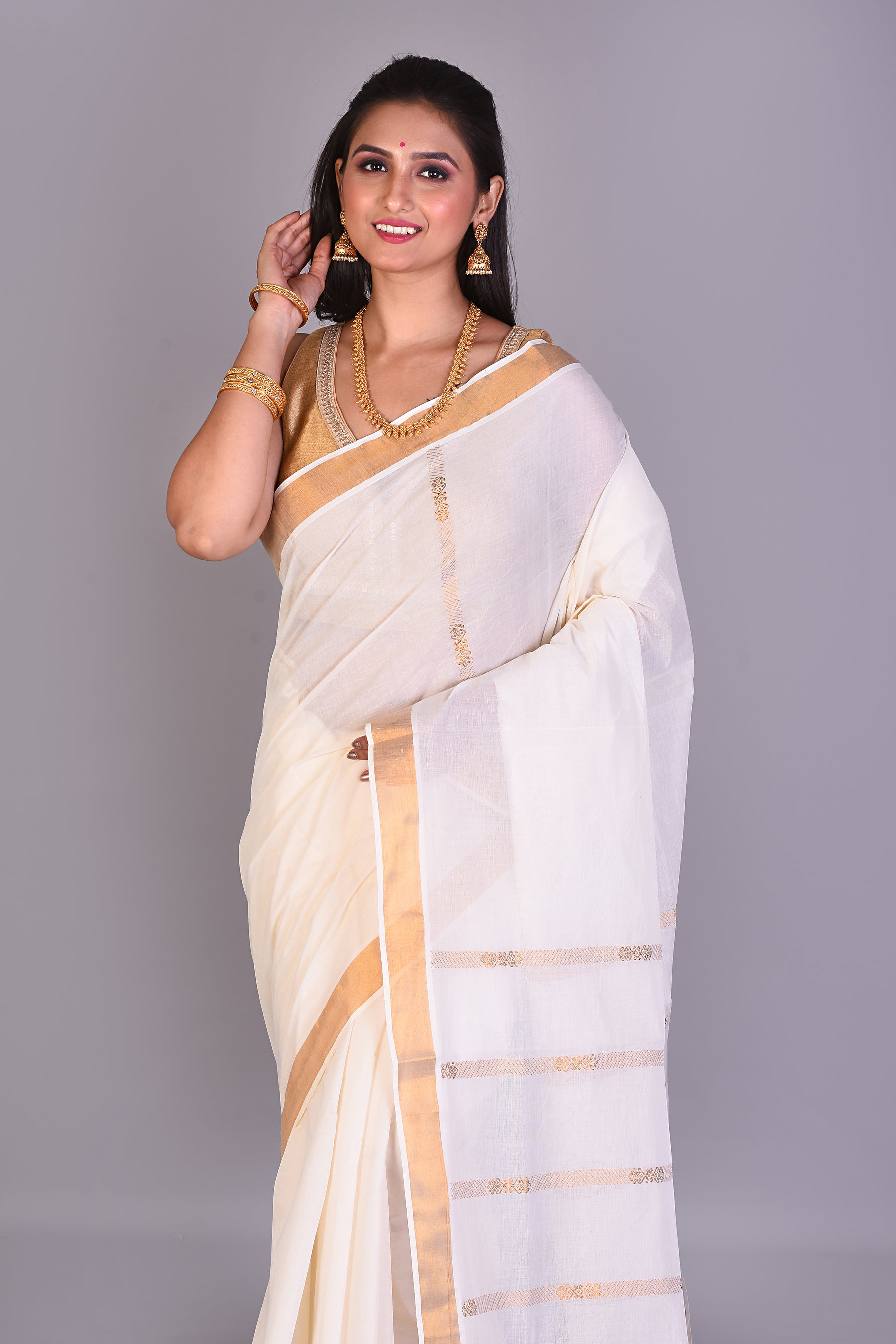 White Blended Silk Saree with Golden Borders - Keya Seth Exclusive