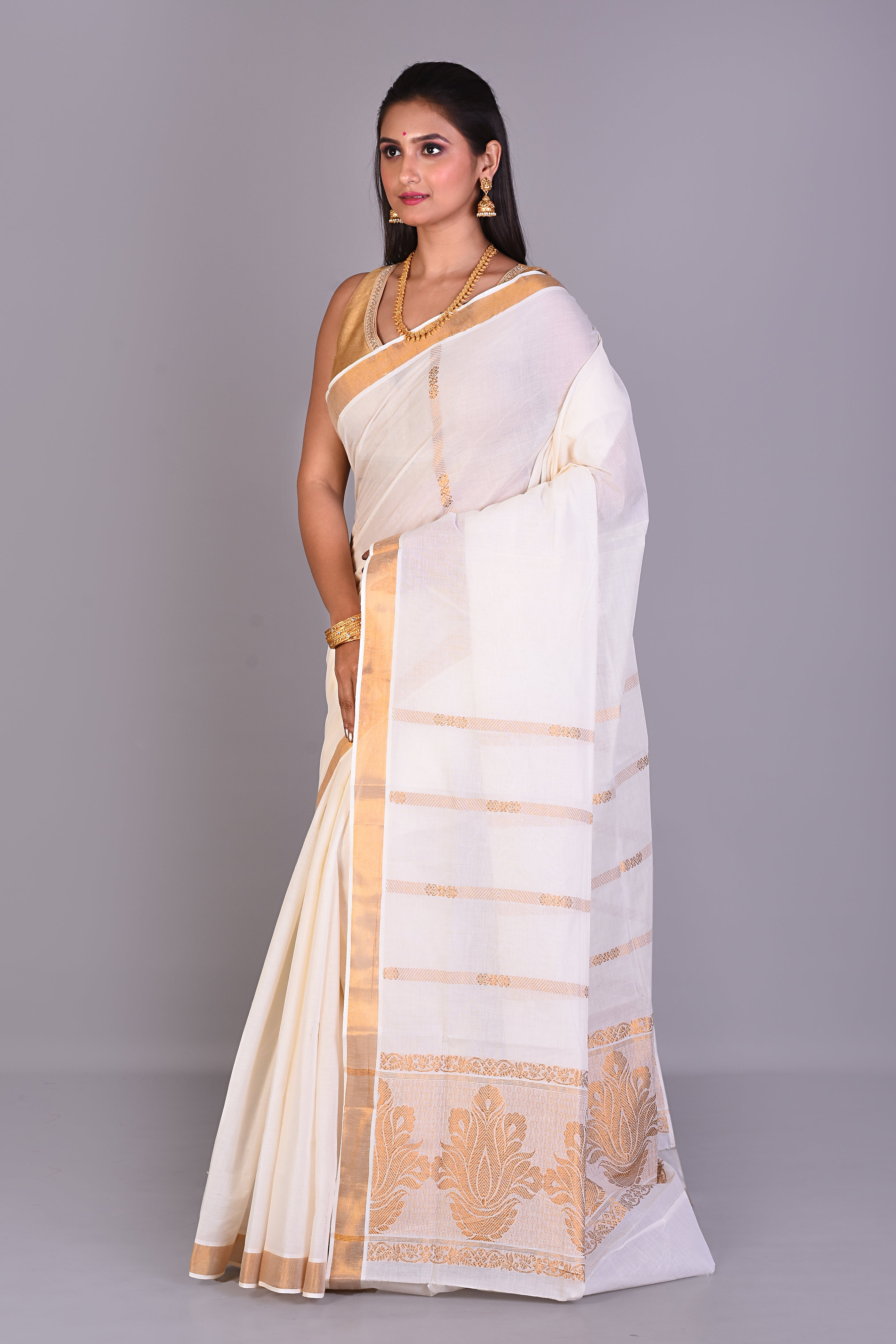 White Blended Silk Saree with Golden Borders - Keya Seth Exclusive