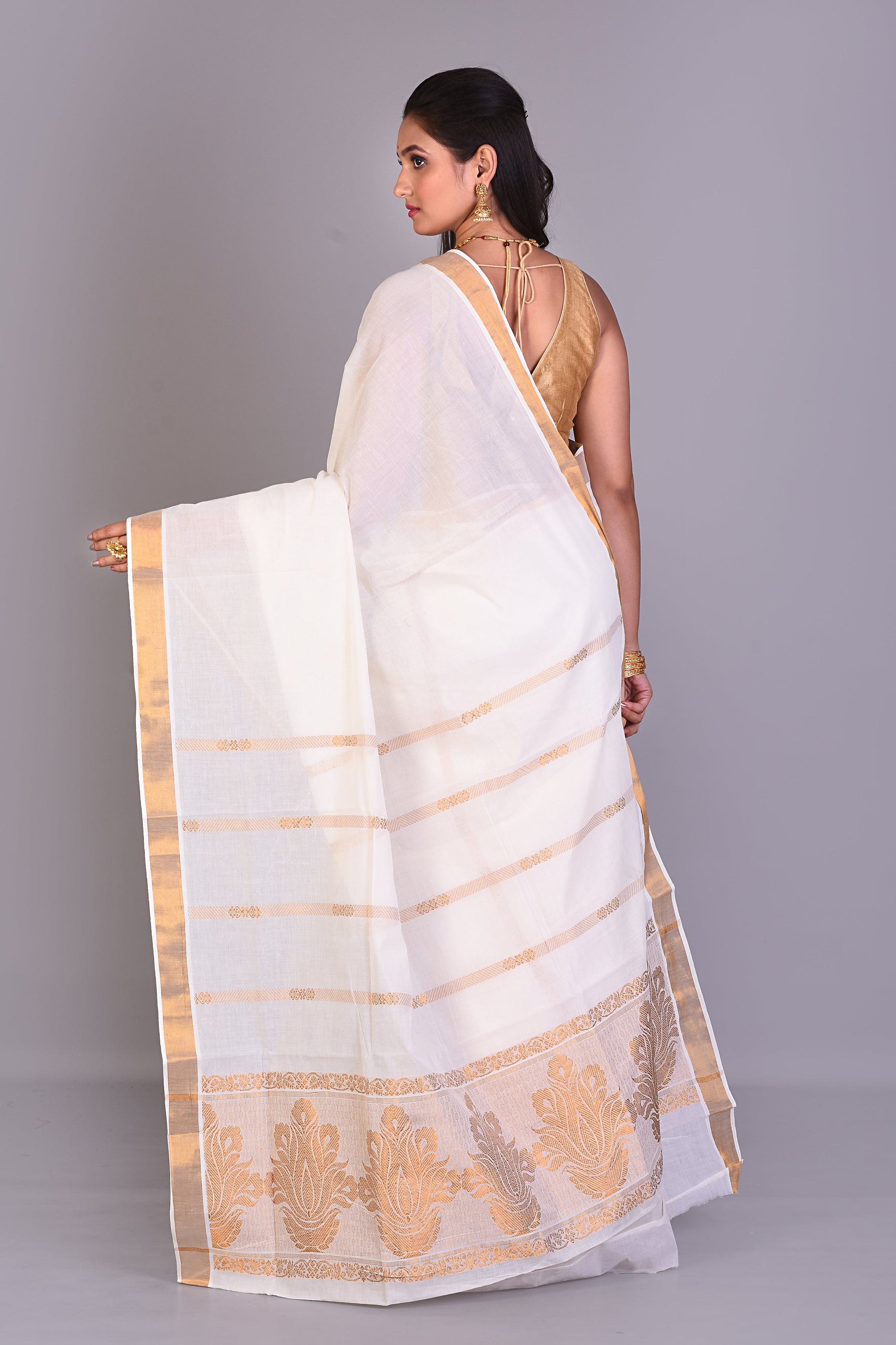 White Blended Silk Saree with Golden Borders - Keya Seth Exclusive