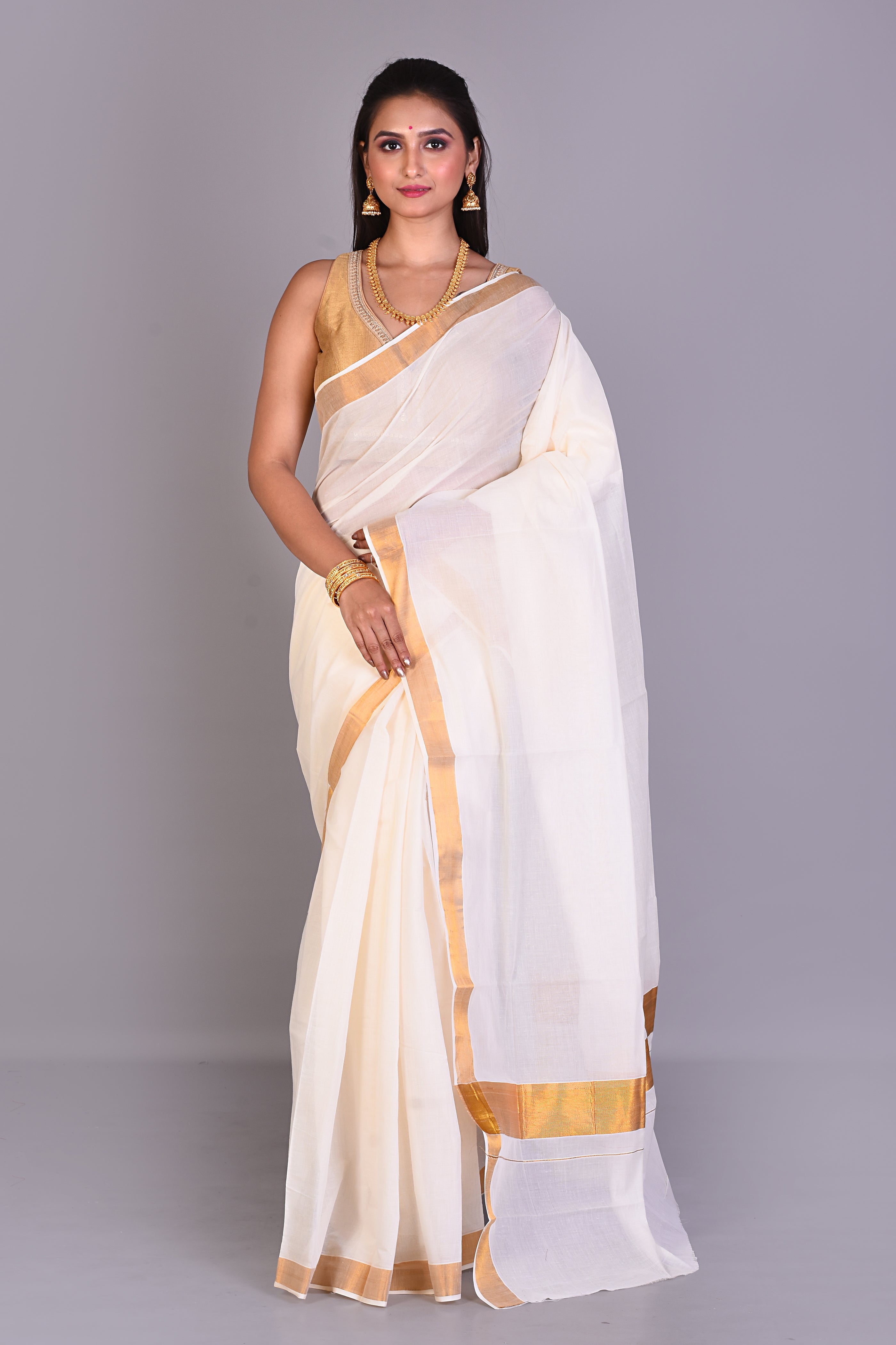 White Blended Cotton Saree with Golden Borders - Keya Seth Exclusive