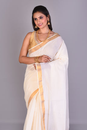 White Blended Cotton Saree with Golden Borders - Keya Seth Exclusive