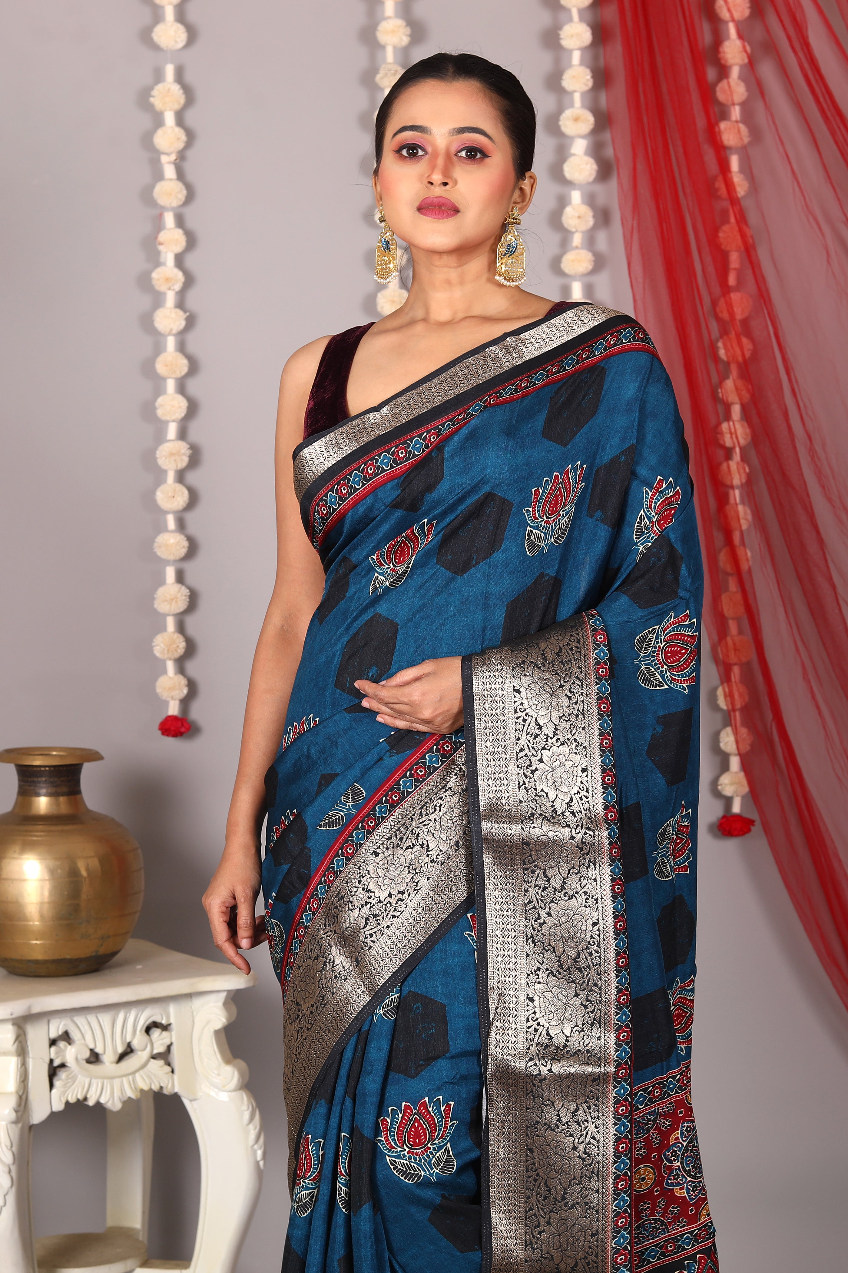 Blue Blended Printed Silk Saree - Keya Seth Exclusive