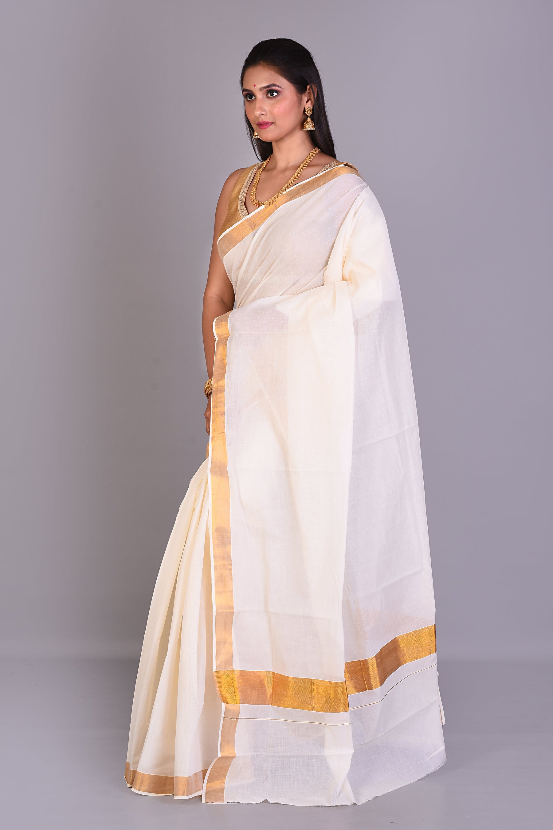 White Blended Cotton Saree with Golden Borders - Keya Seth Exclusive