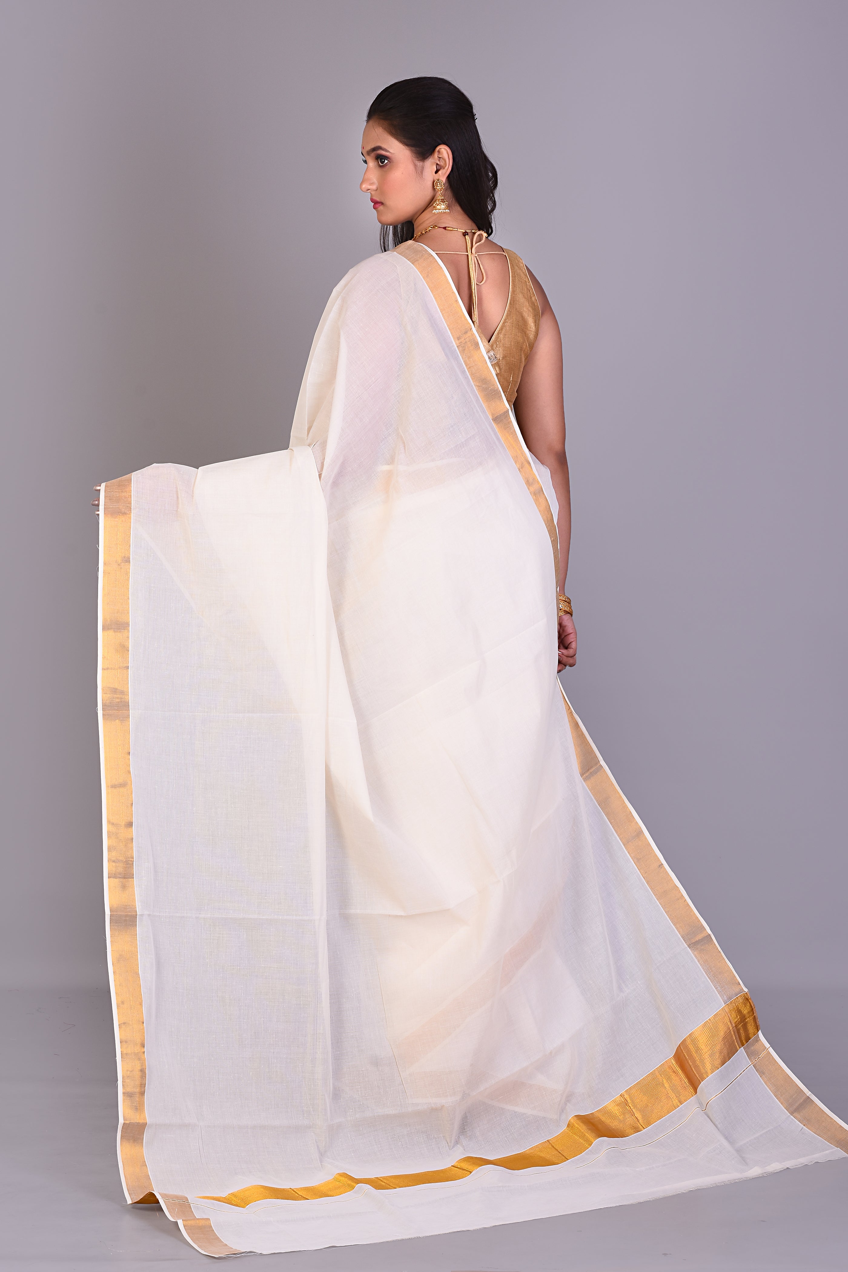 White Blended Cotton Saree with Golden Borders - Keya Seth Exclusive