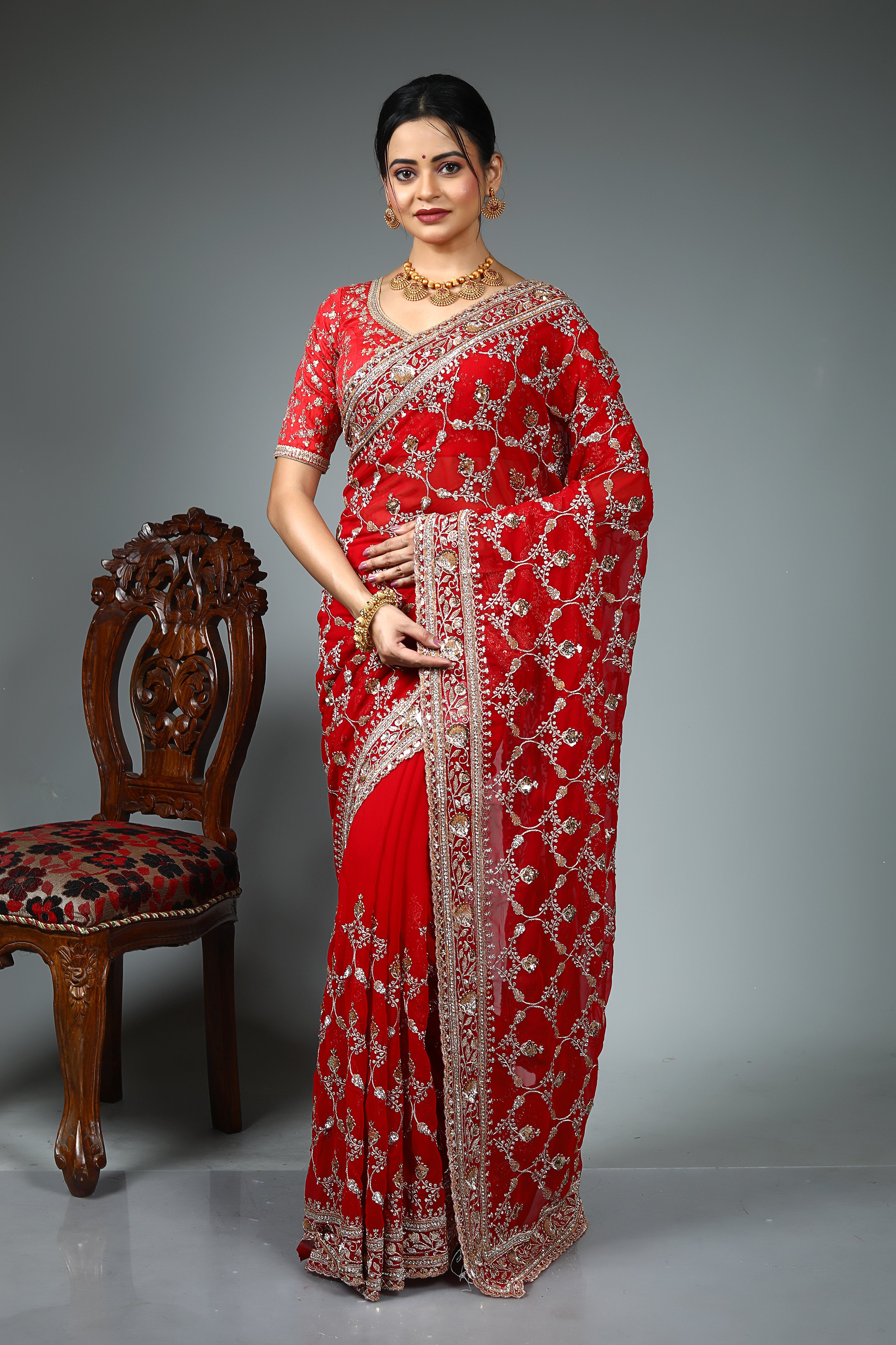 Red Blended Fancy Georgette Saree
