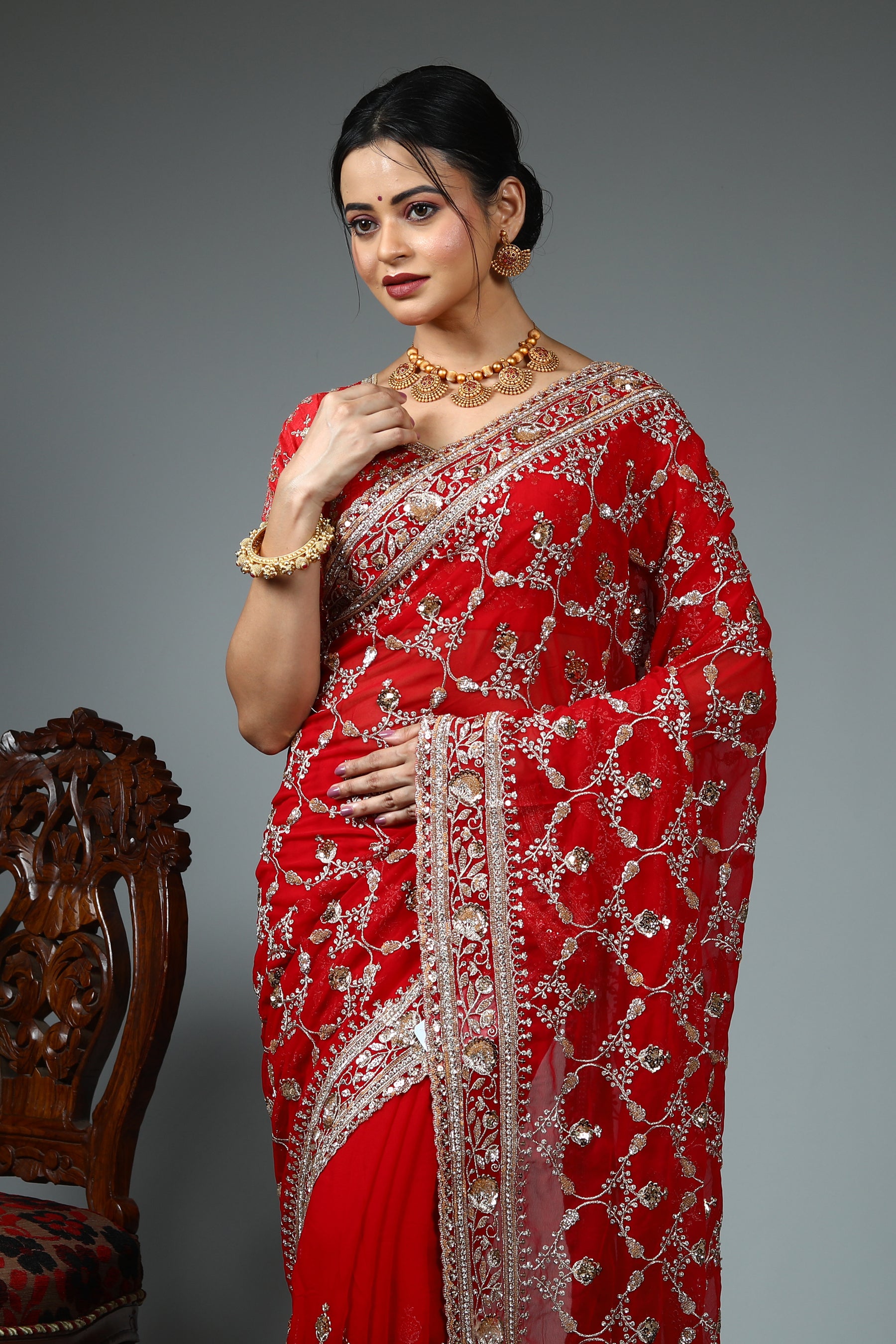 Red Blended Fancy Georgette Saree