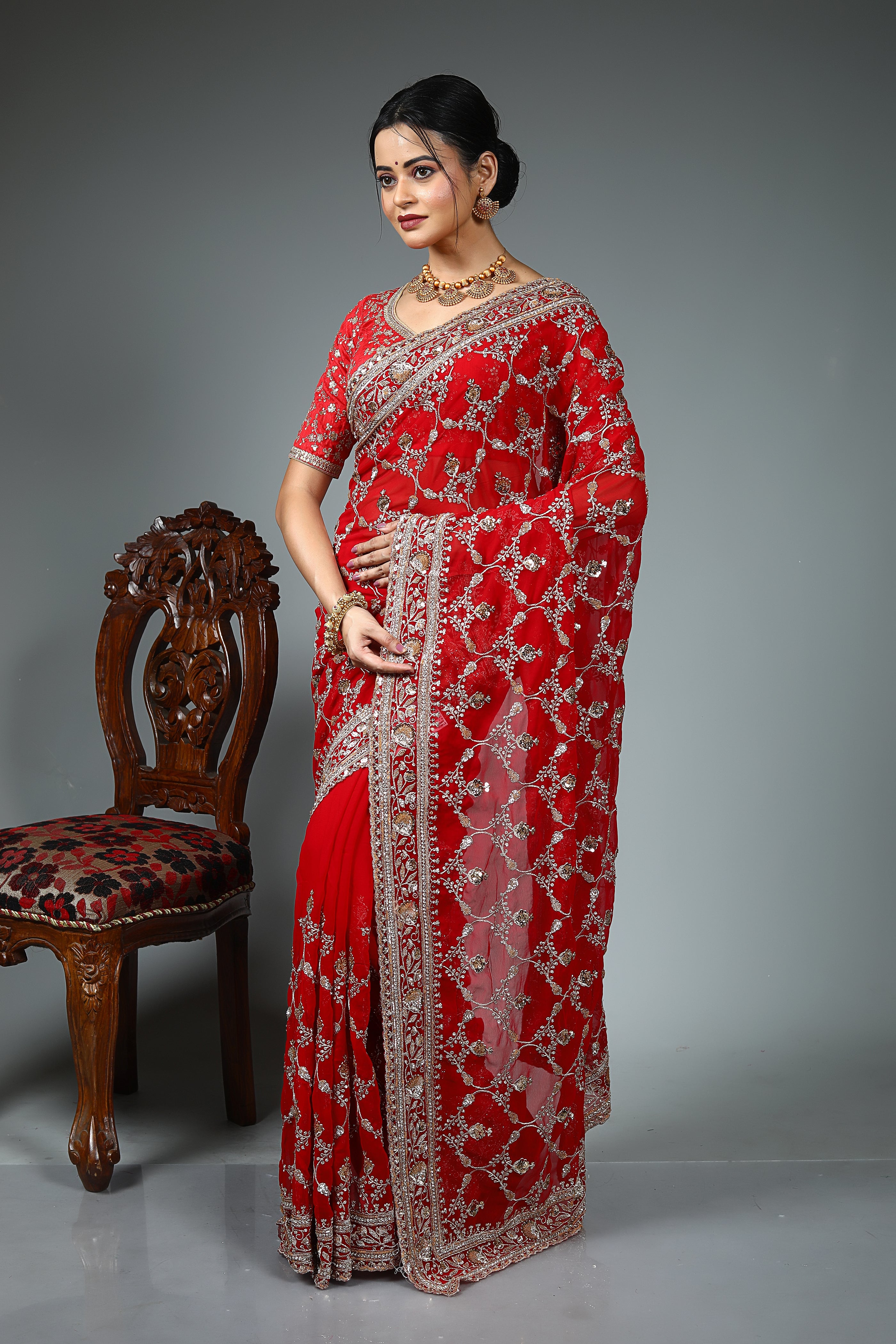 Red Blended Fancy Georgette Saree