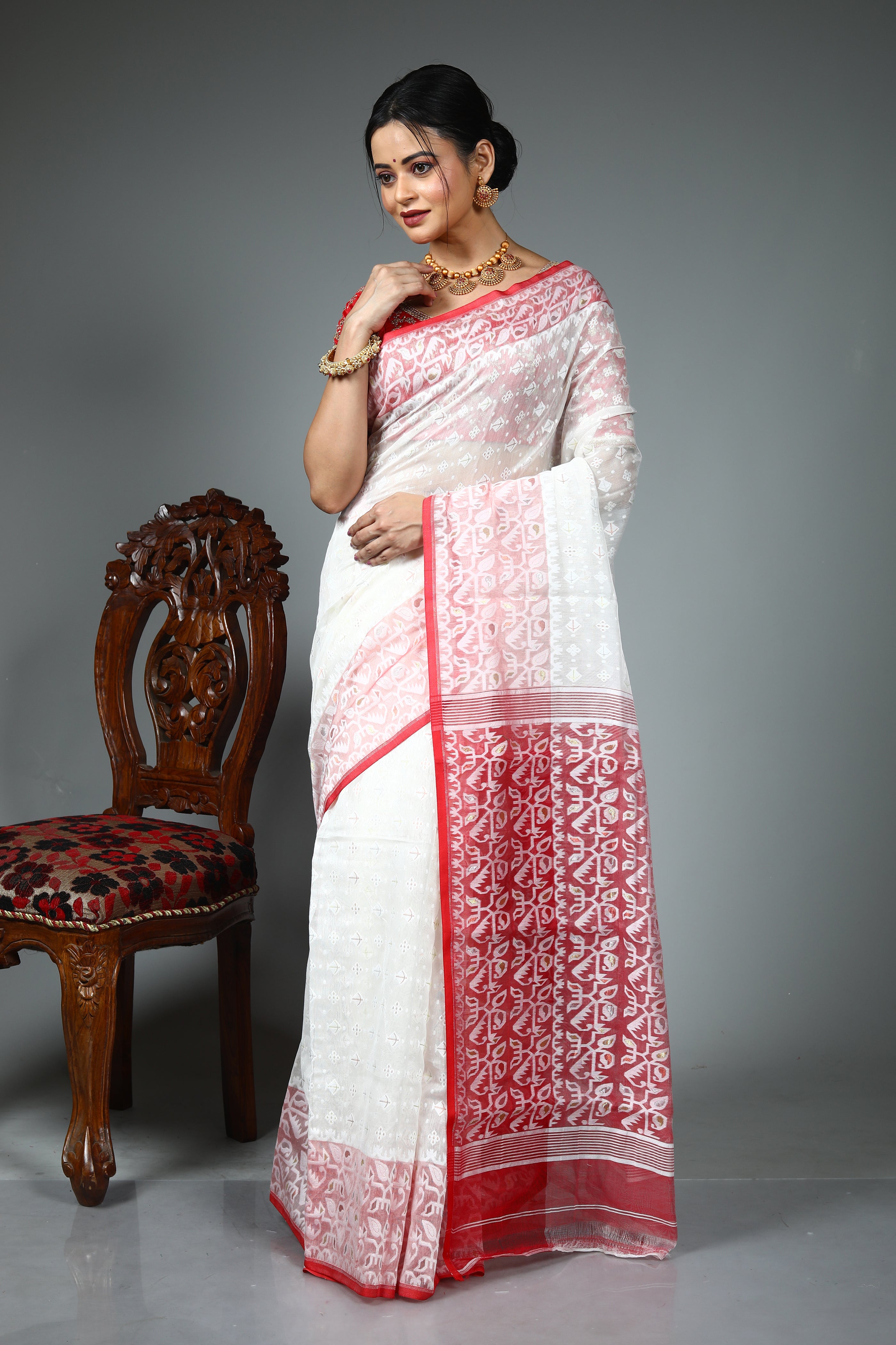 White and Red Jamdani Saree