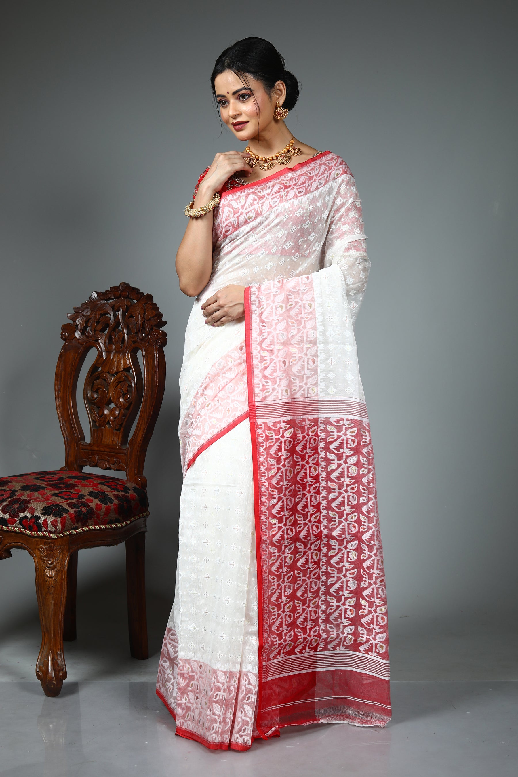 White and Red Jamdani Saree