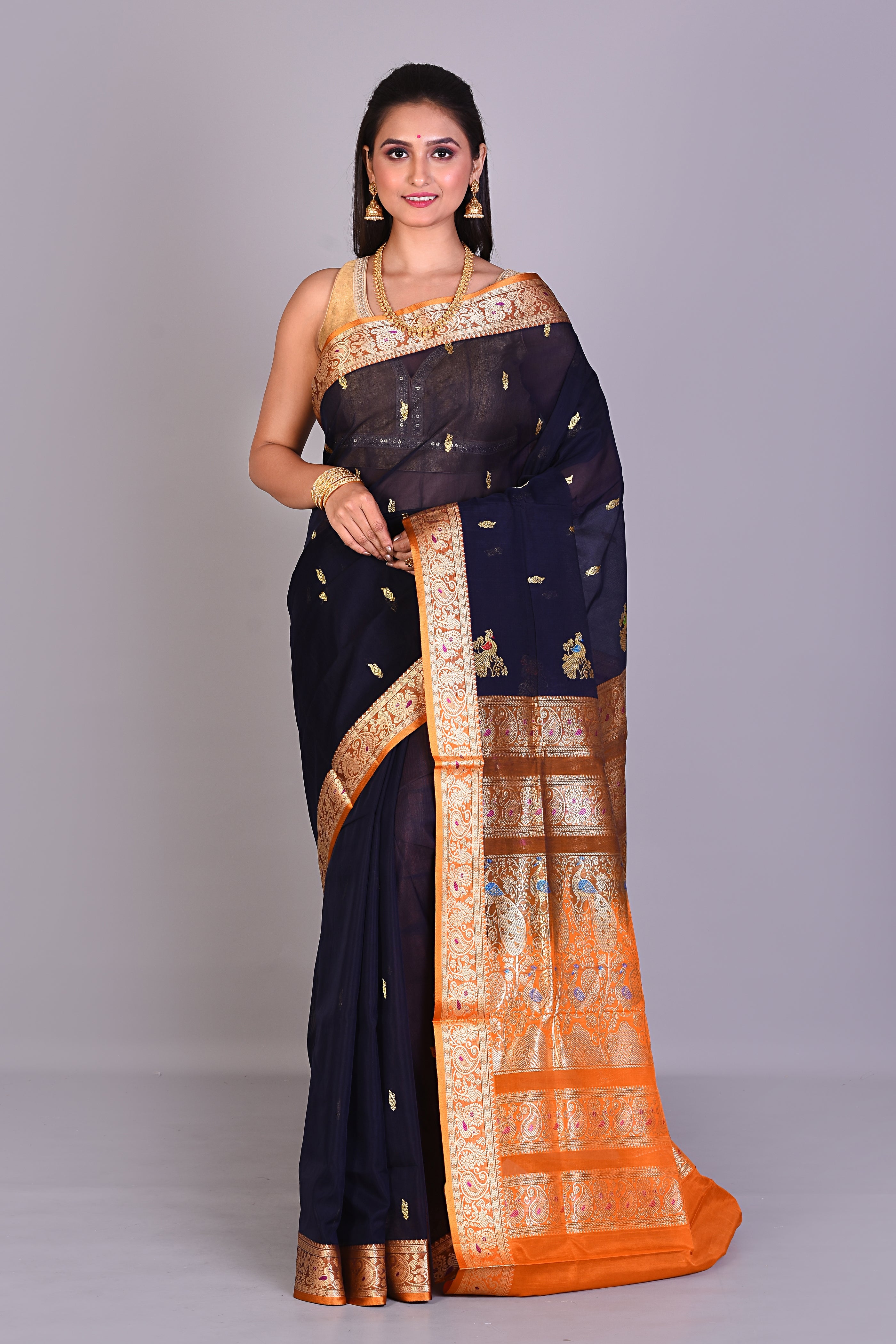 Navy Blue Pattu Silk Saree with Orange Borders - Keya Seth Exclusive