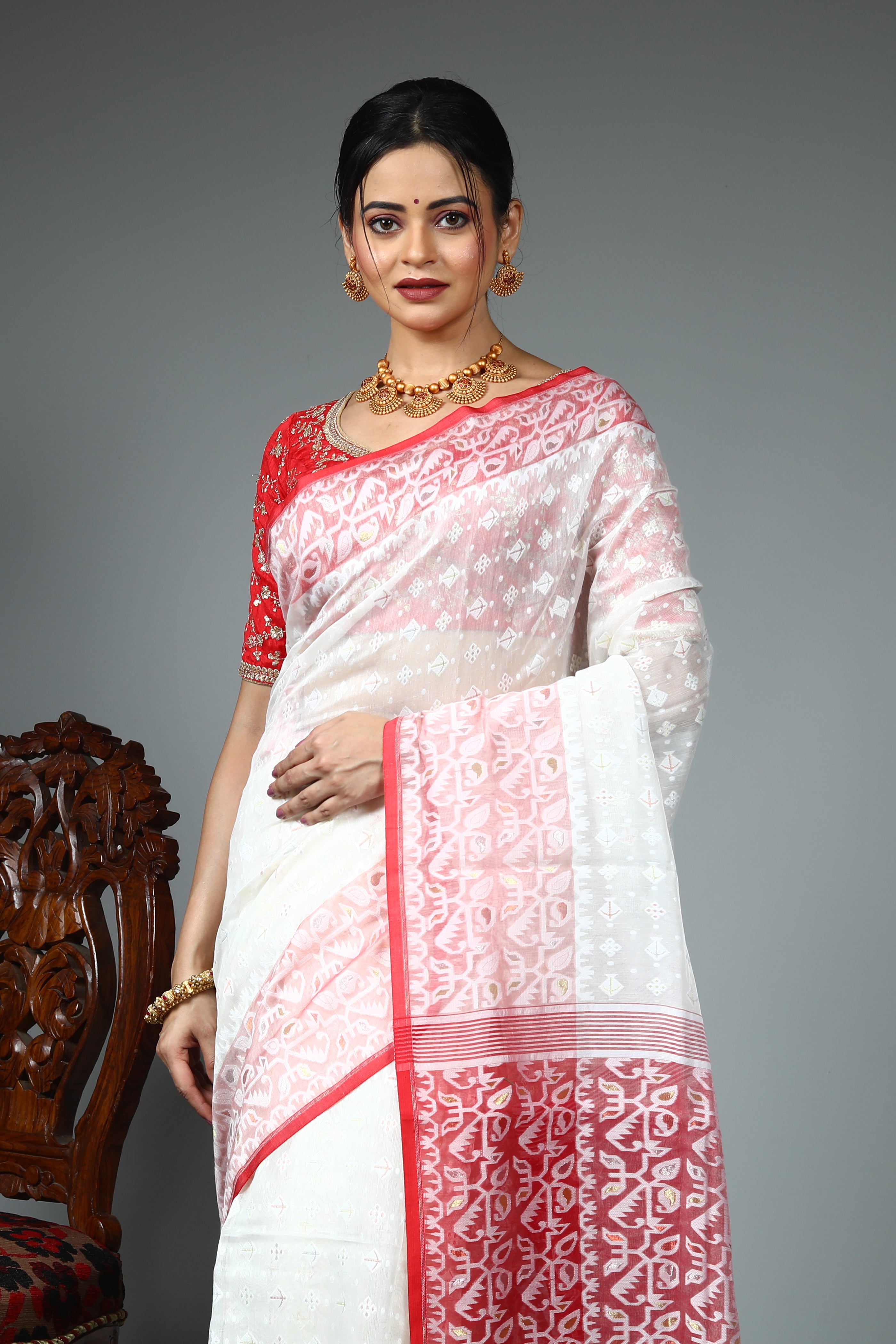 White and Red Jamdani Saree