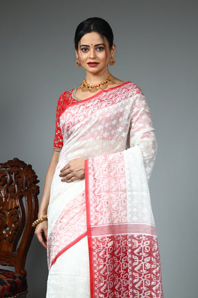 White and Red Jamdani Saree