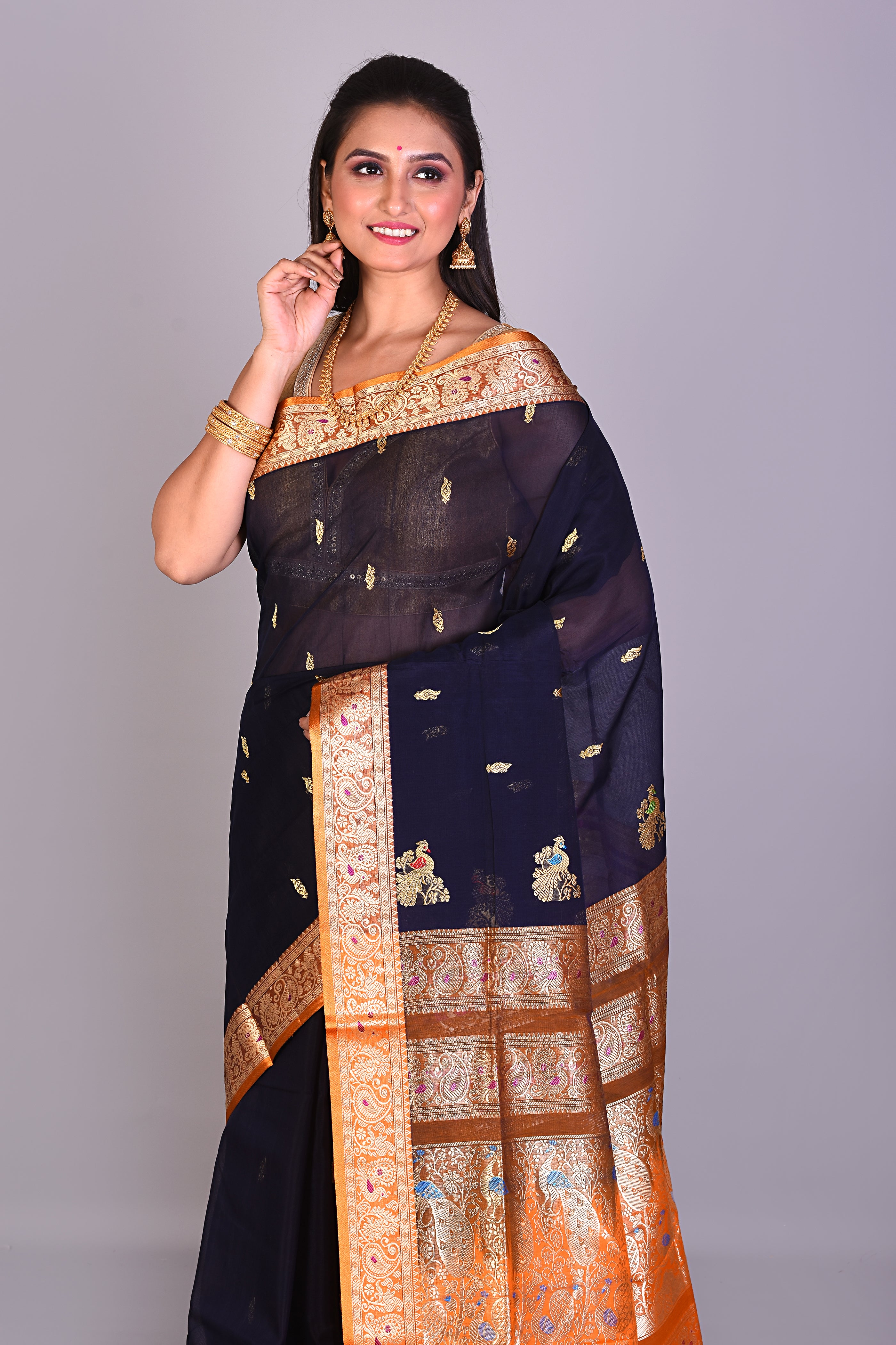 Navy Blue Pattu Silk Saree with Orange Borders - Keya Seth Exclusive