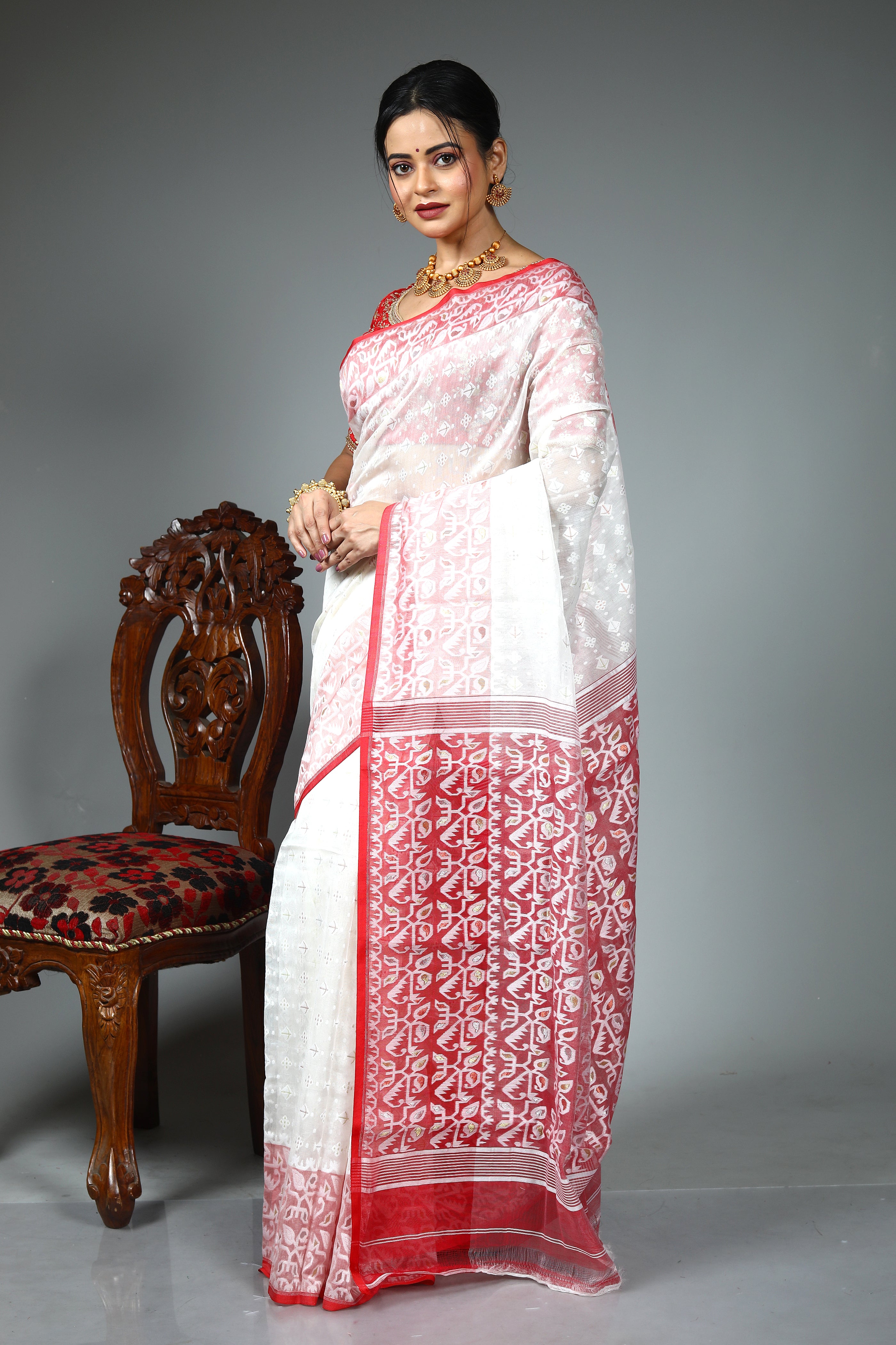 White and Red Jamdani Saree