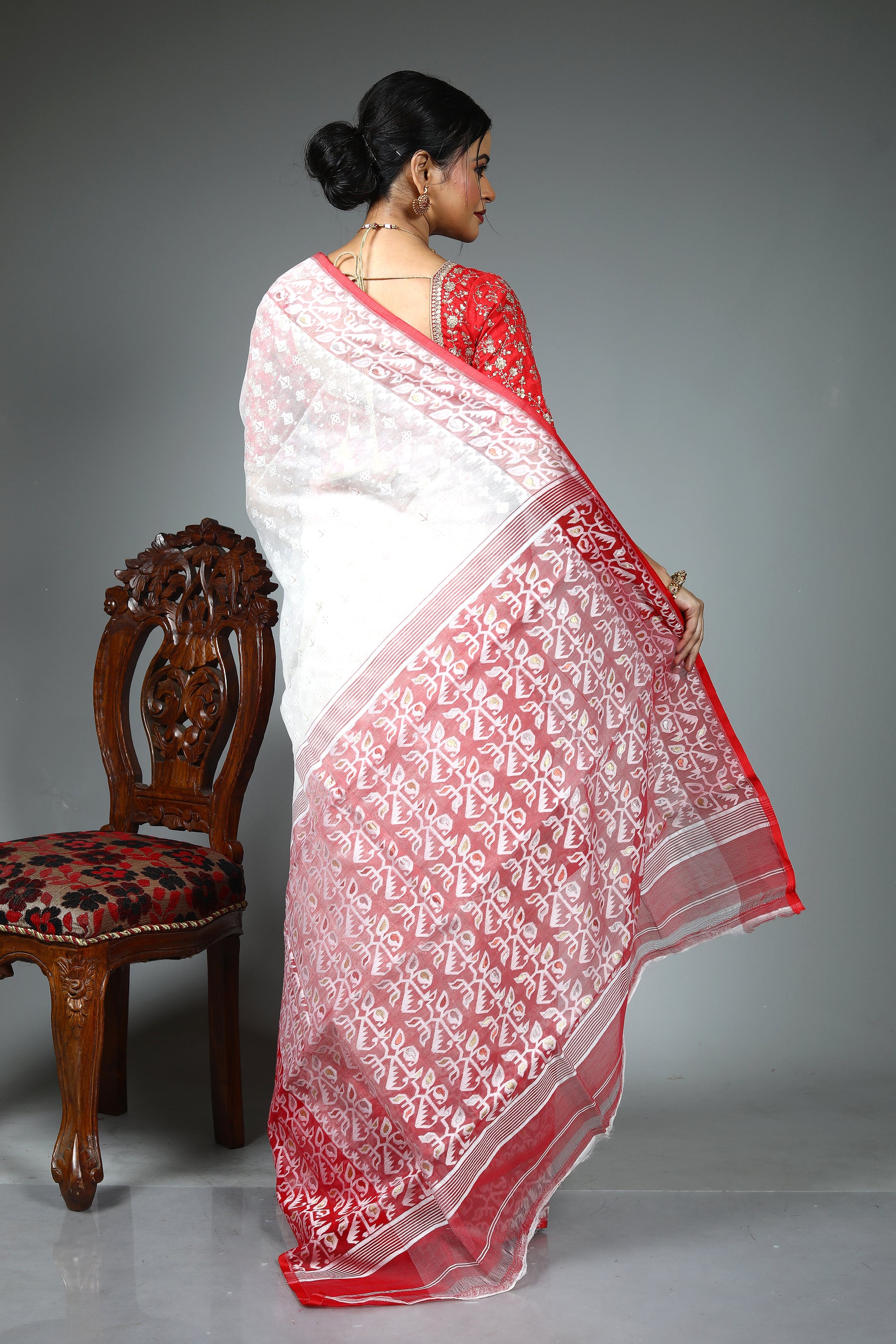 White and Red Jamdani Saree
