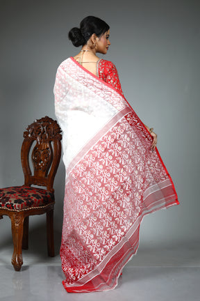 White and Red Jamdani Saree