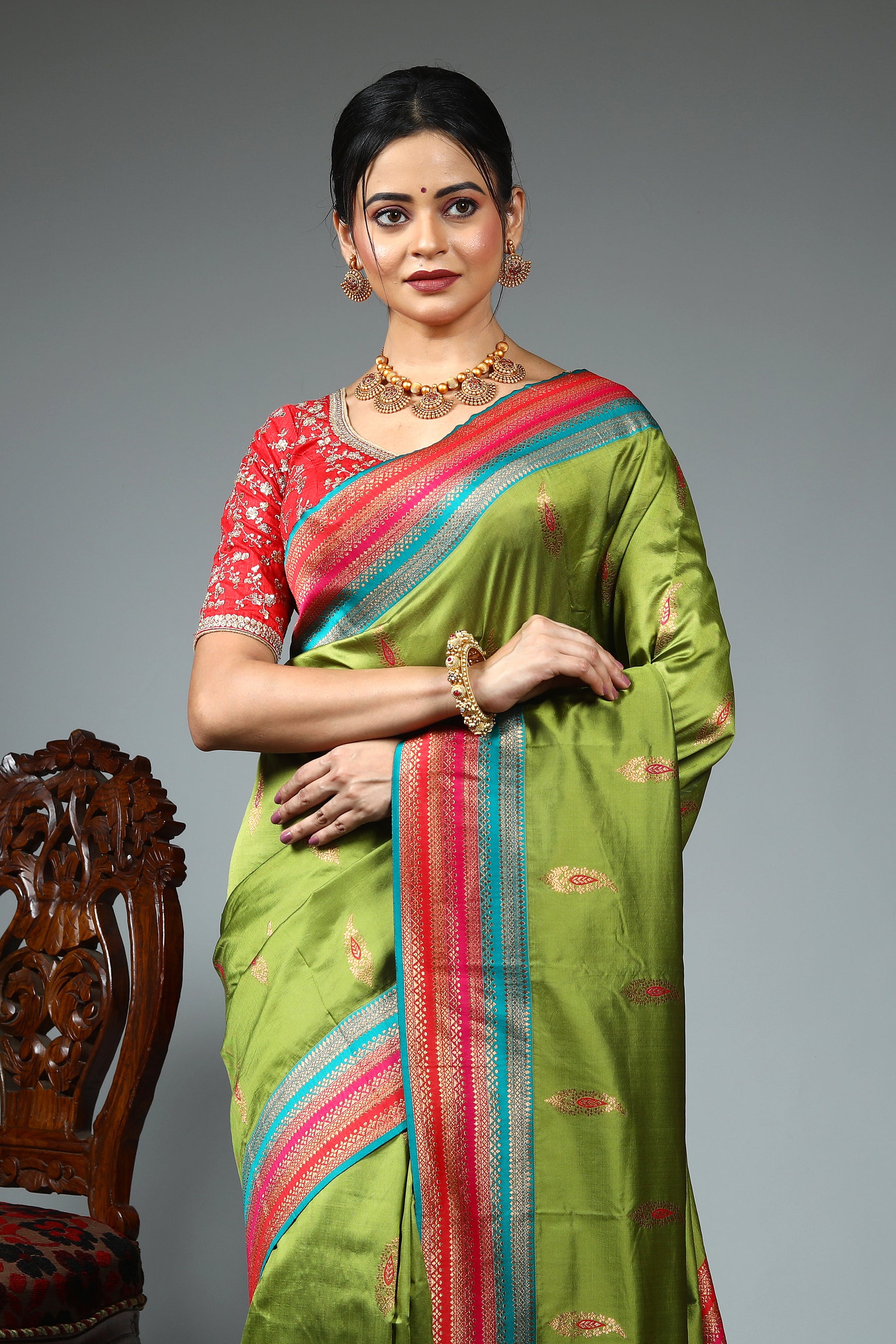 Parrot Green Blended Silk Saree