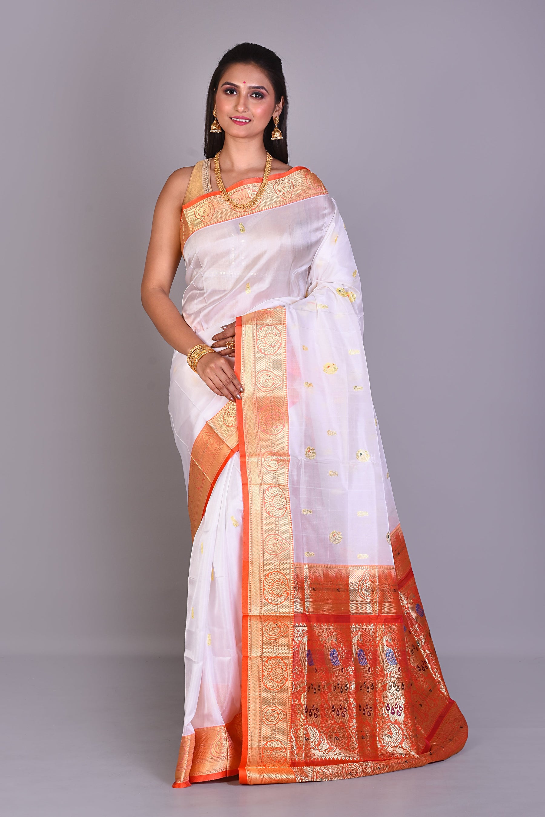 White Pattu Silk Saree with Orange Borders - Keya Seth Exclusive