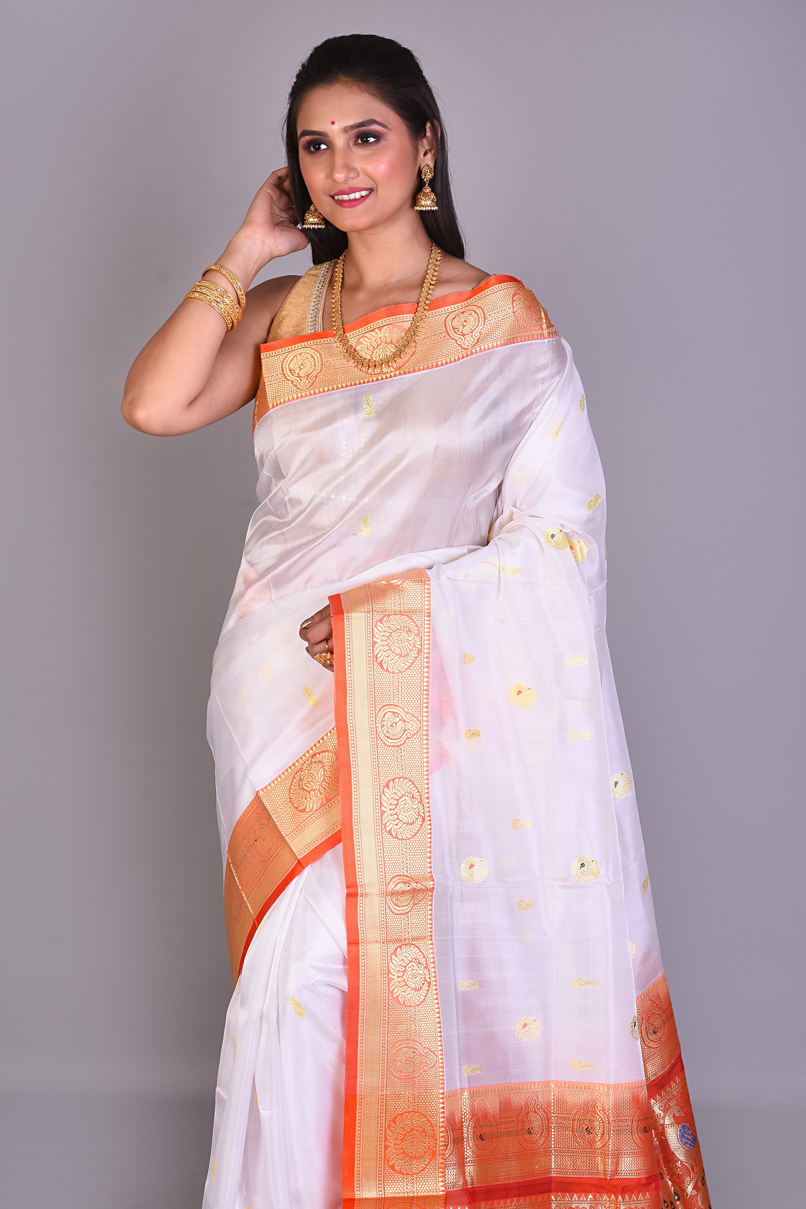 White Pattu Silk Saree with Orange Borders - Keya Seth Exclusive