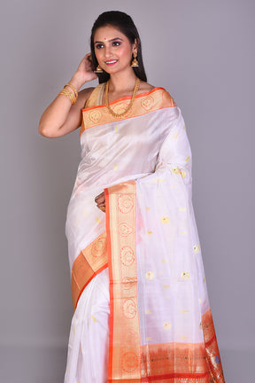 White Pattu Silk Saree with Orange Borders - Keya Seth Exclusive