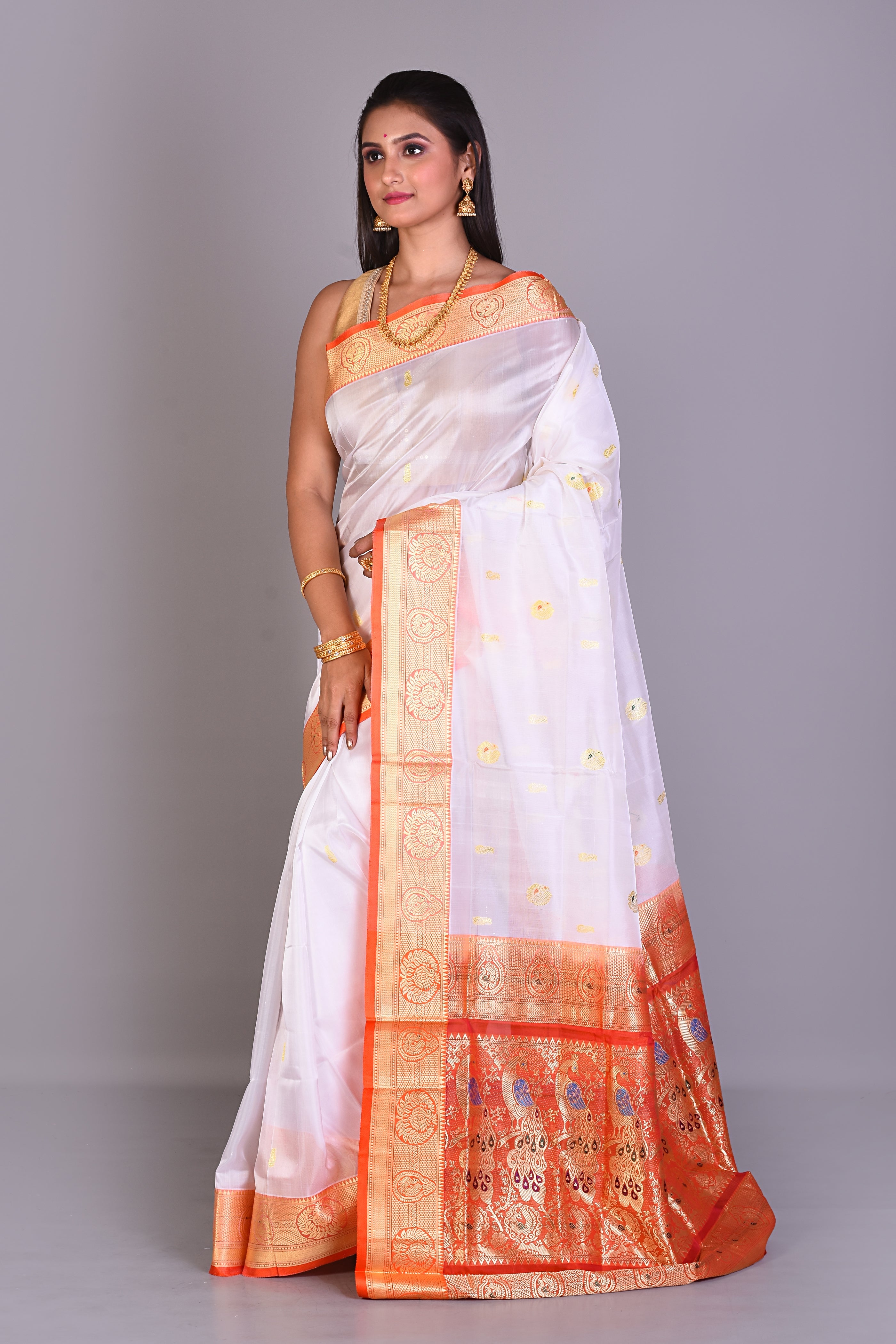 White Pattu Silk Saree with Orange Borders - Keya Seth Exclusive