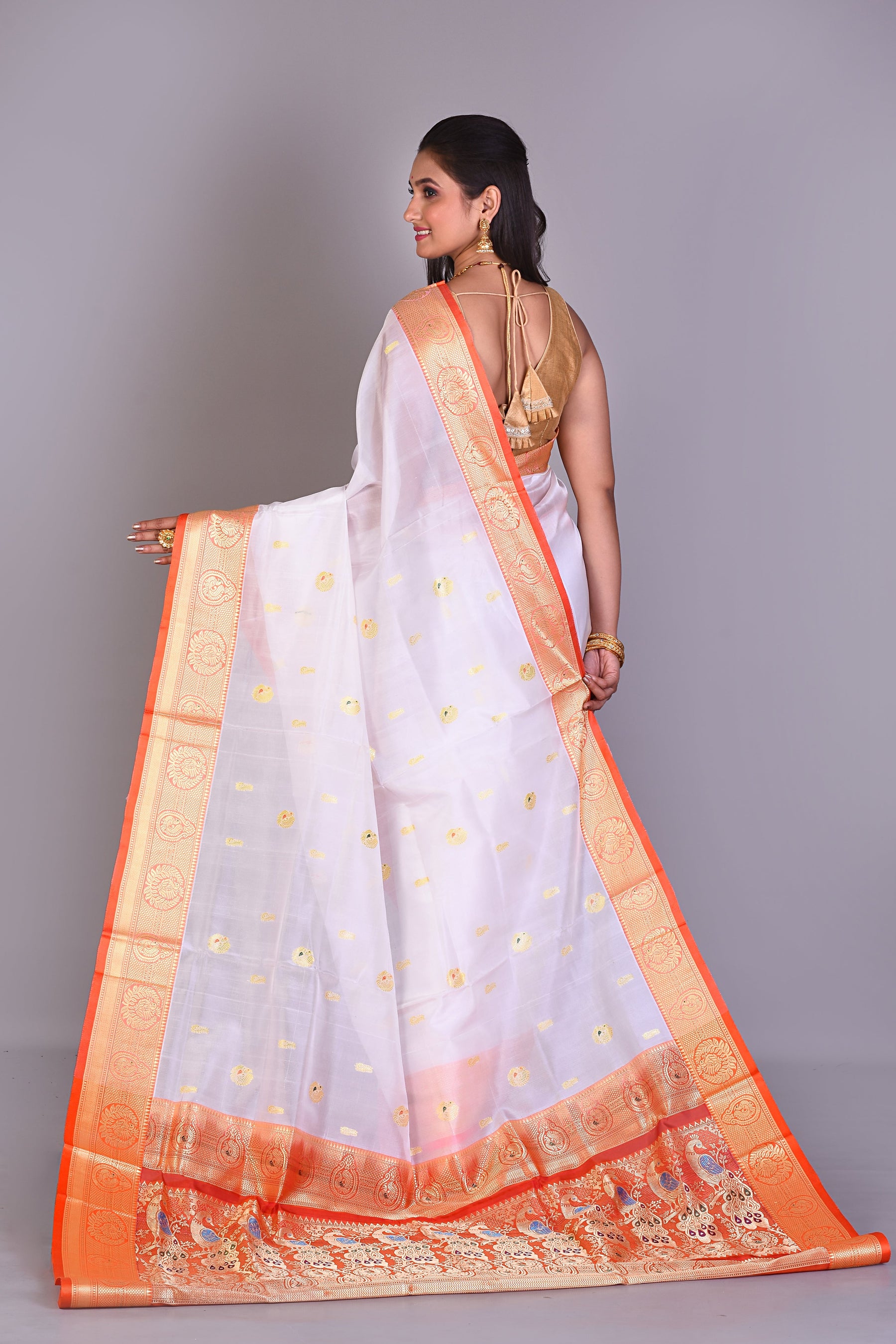 White Pattu Silk Saree with Orange Borders - Keya Seth Exclusive