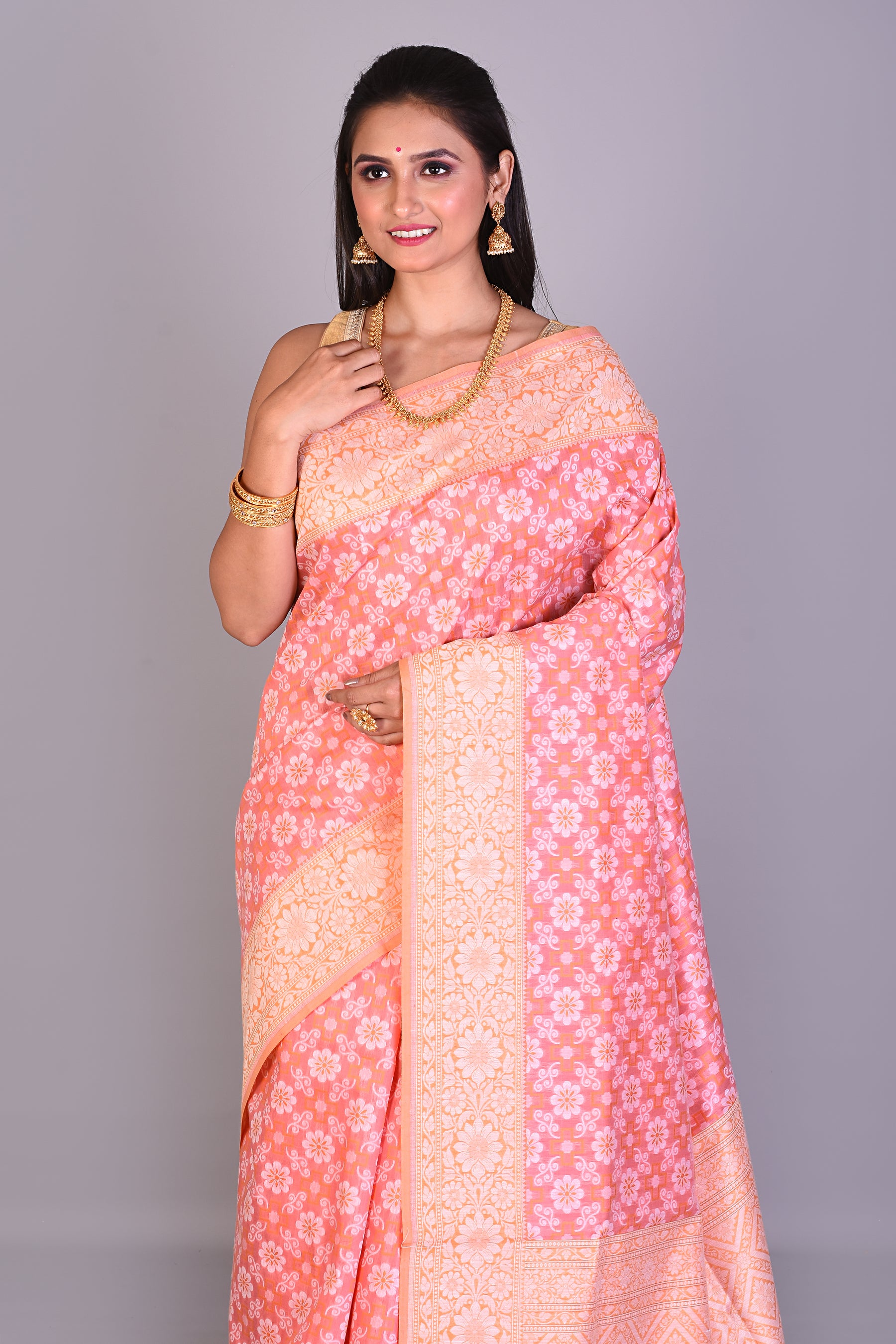 Peach Blended Kora Saree with Orange Borders - Keya Seth Exclusive