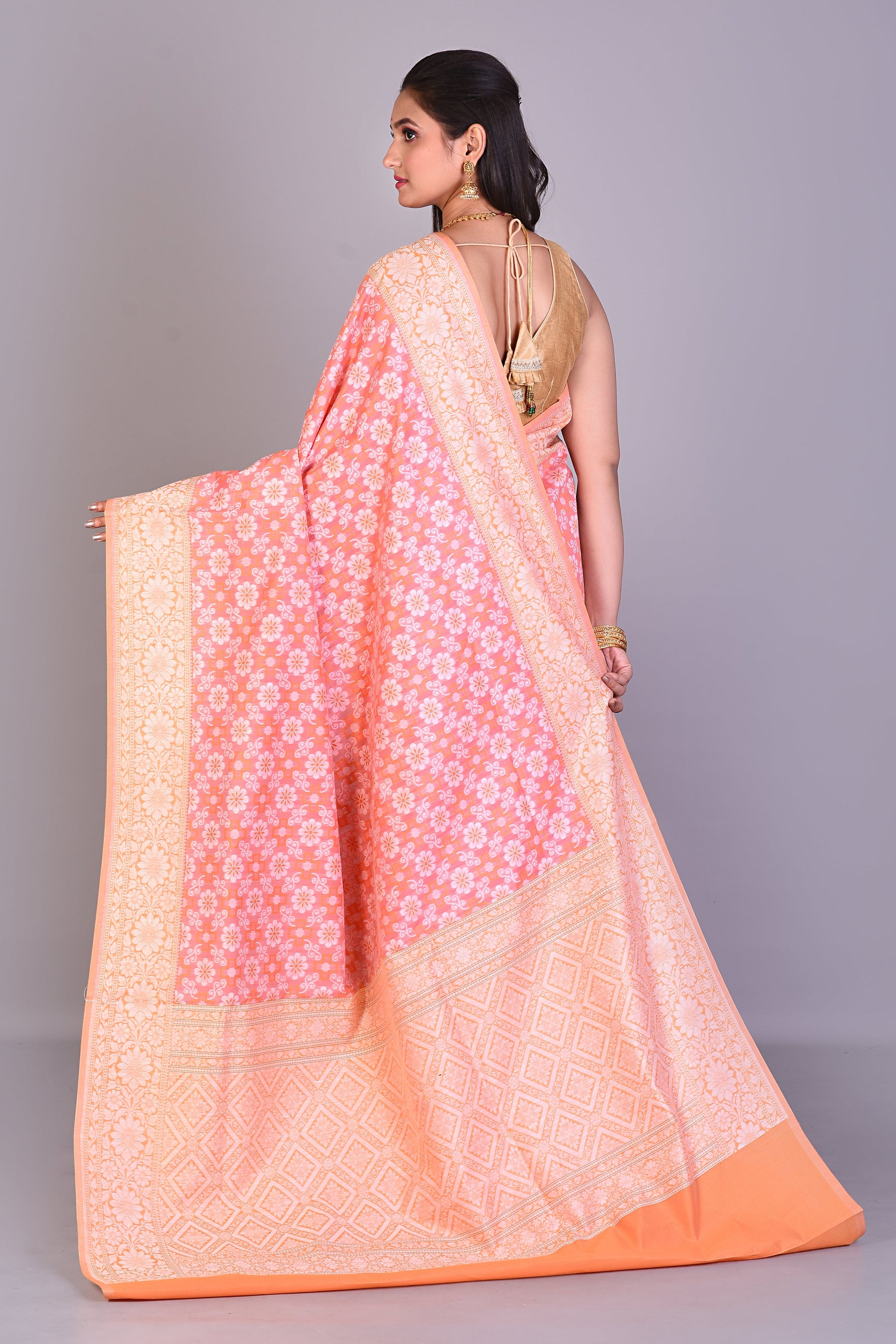 Peach Blended Kora Saree with Orange Borders - Keya Seth Exclusive