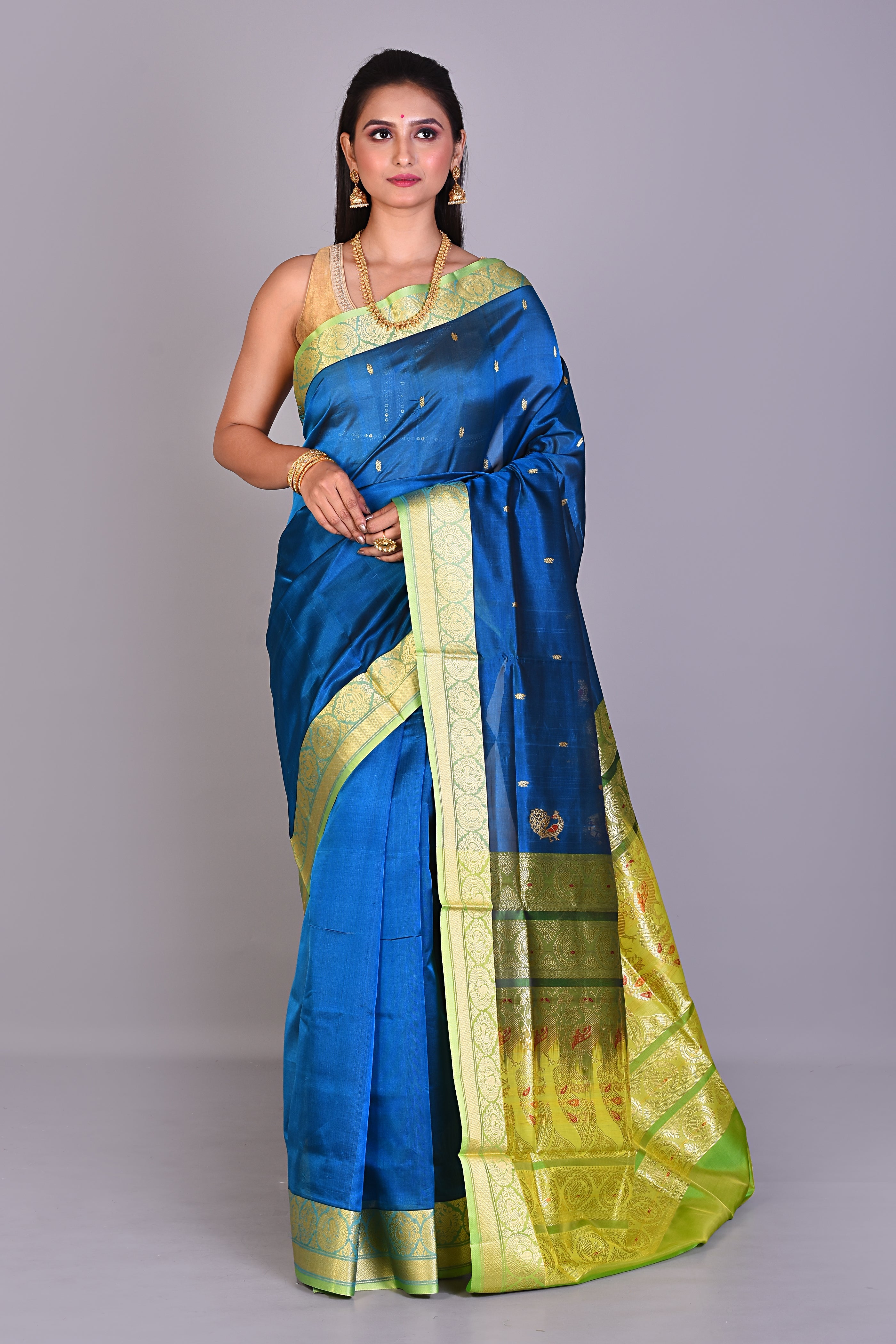 Prussian Blue Pattu Silk Saree with Leaf Green Borders - Keya Seth Exclusive