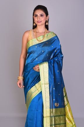 Prussian Blue Pattu Silk Saree with Leaf Green Borders - Keya Seth Exclusive