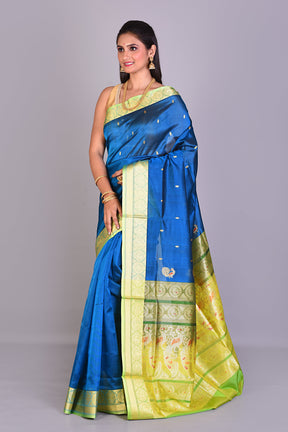 Prussian Blue Pattu Silk Saree with Leaf Green Borders - Keya Seth Exclusive