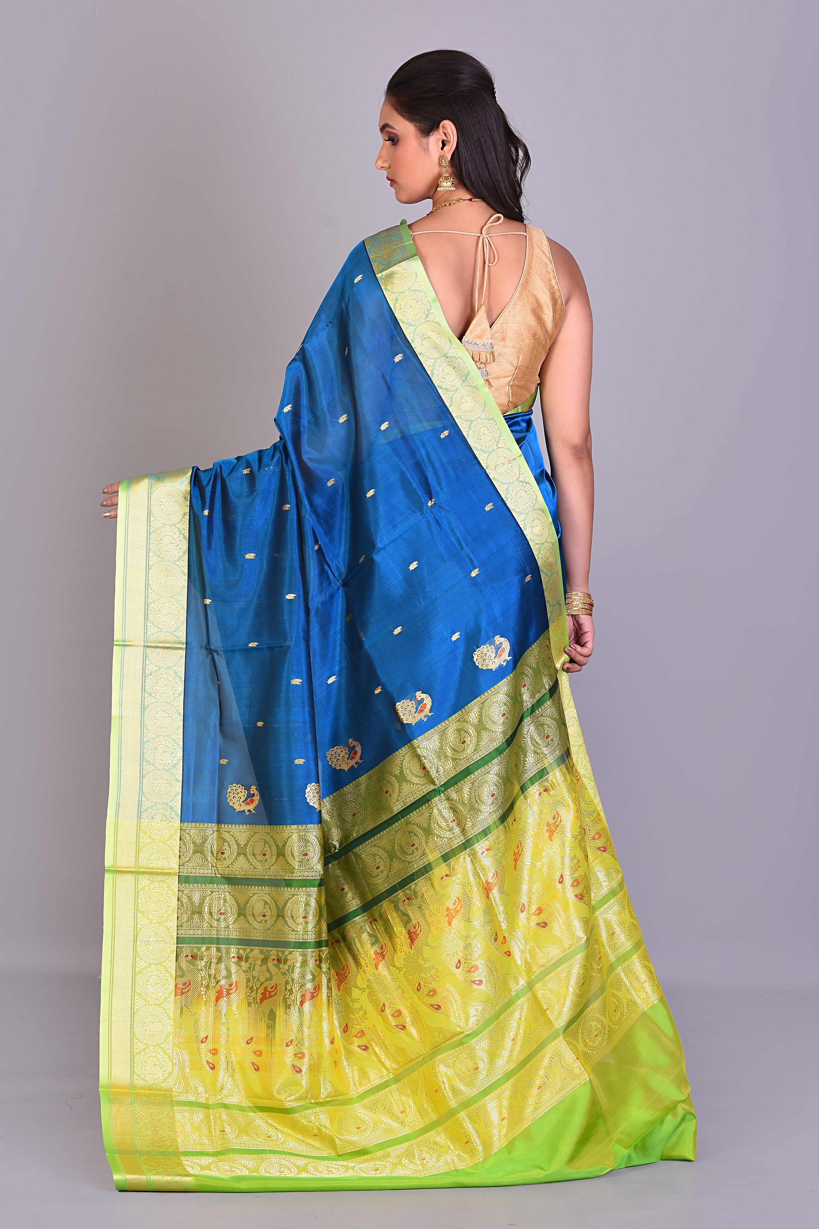 Prussian Blue Pattu Silk Saree with Leaf Green Borders - Keya Seth Exclusive