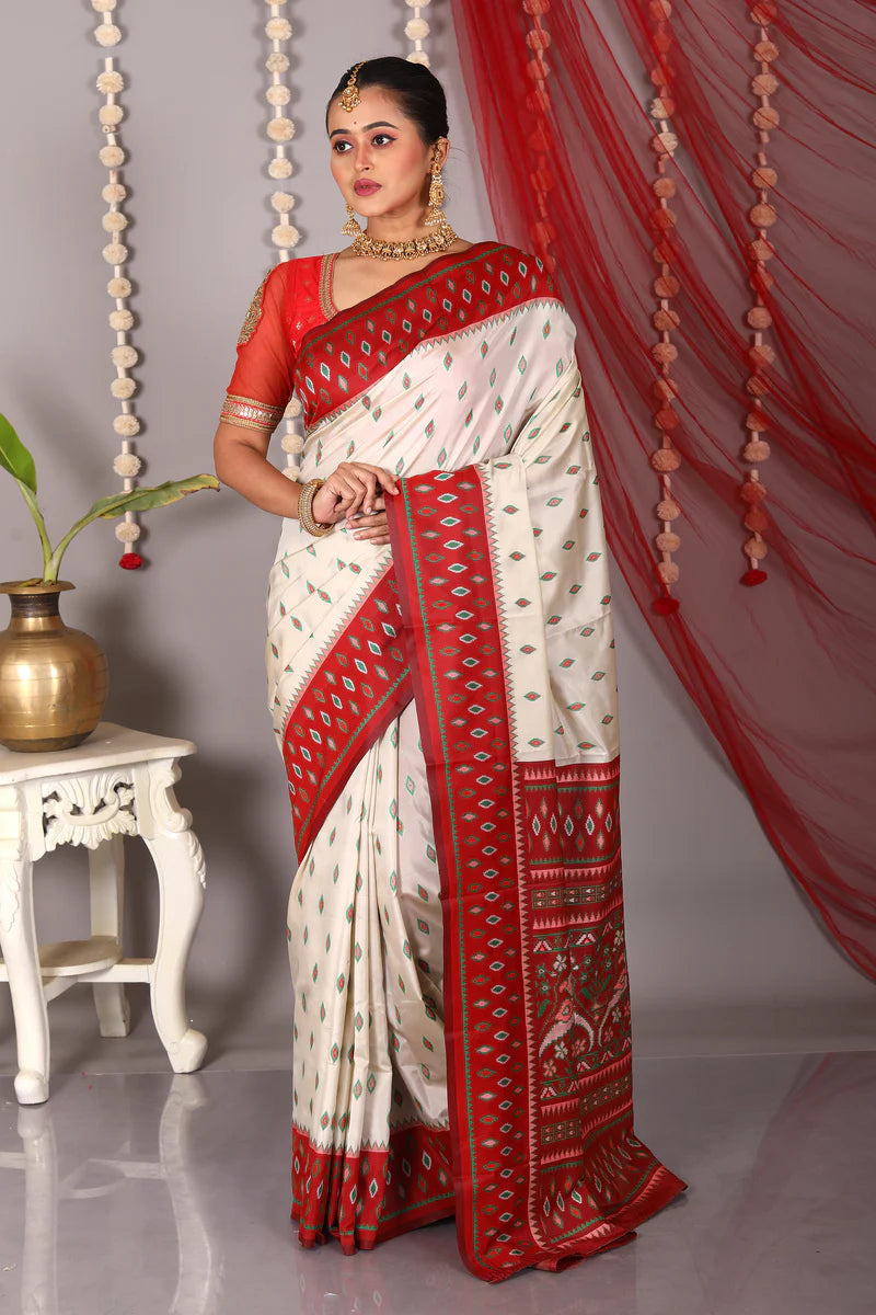 White Blended Ikkat Silk Saree - Keya Seth Exclusive