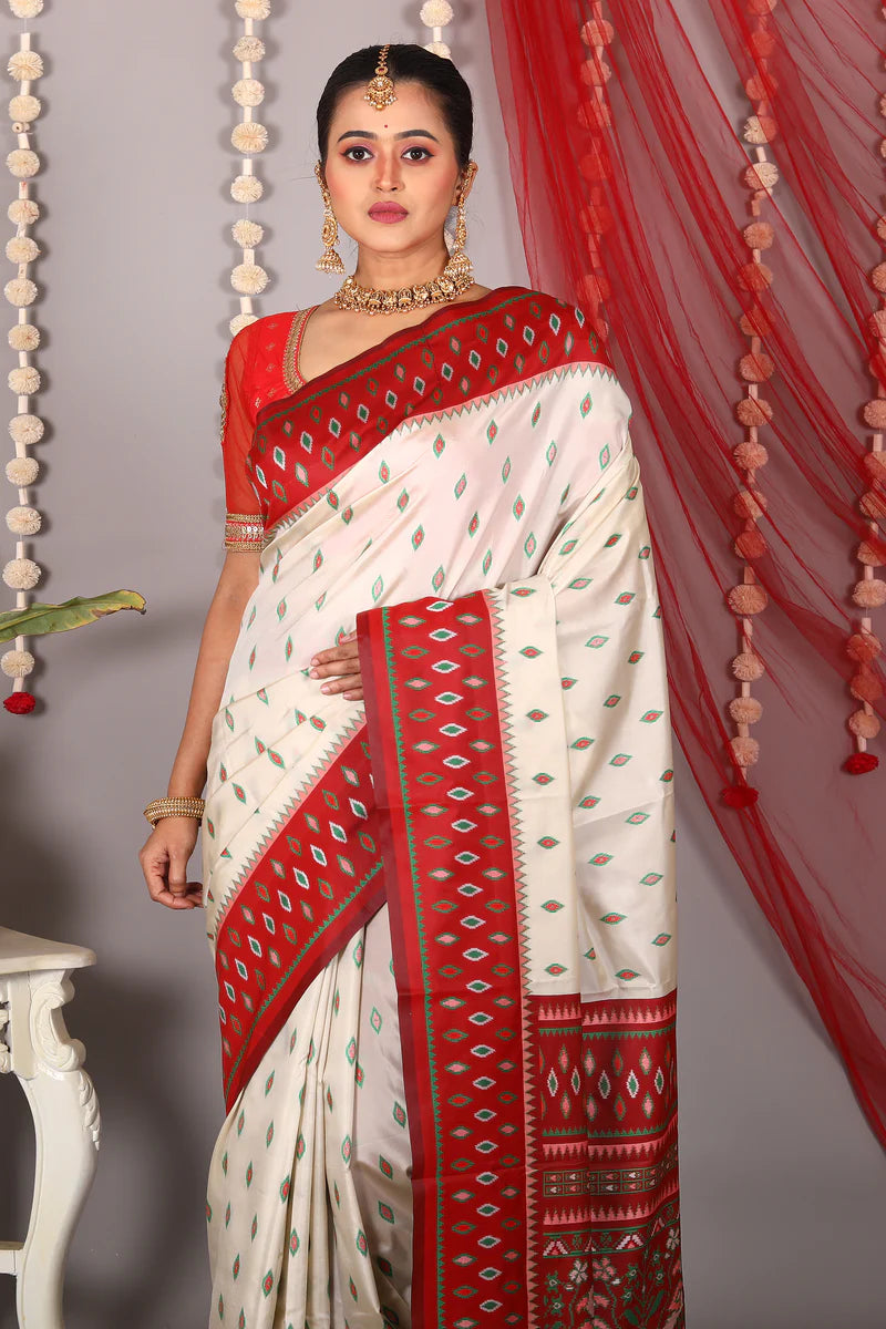 White Blended Ikkat Silk Saree - Keya Seth Exclusive