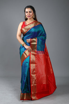Dual Tone Blue Blended Kanjivaram Silk Saree