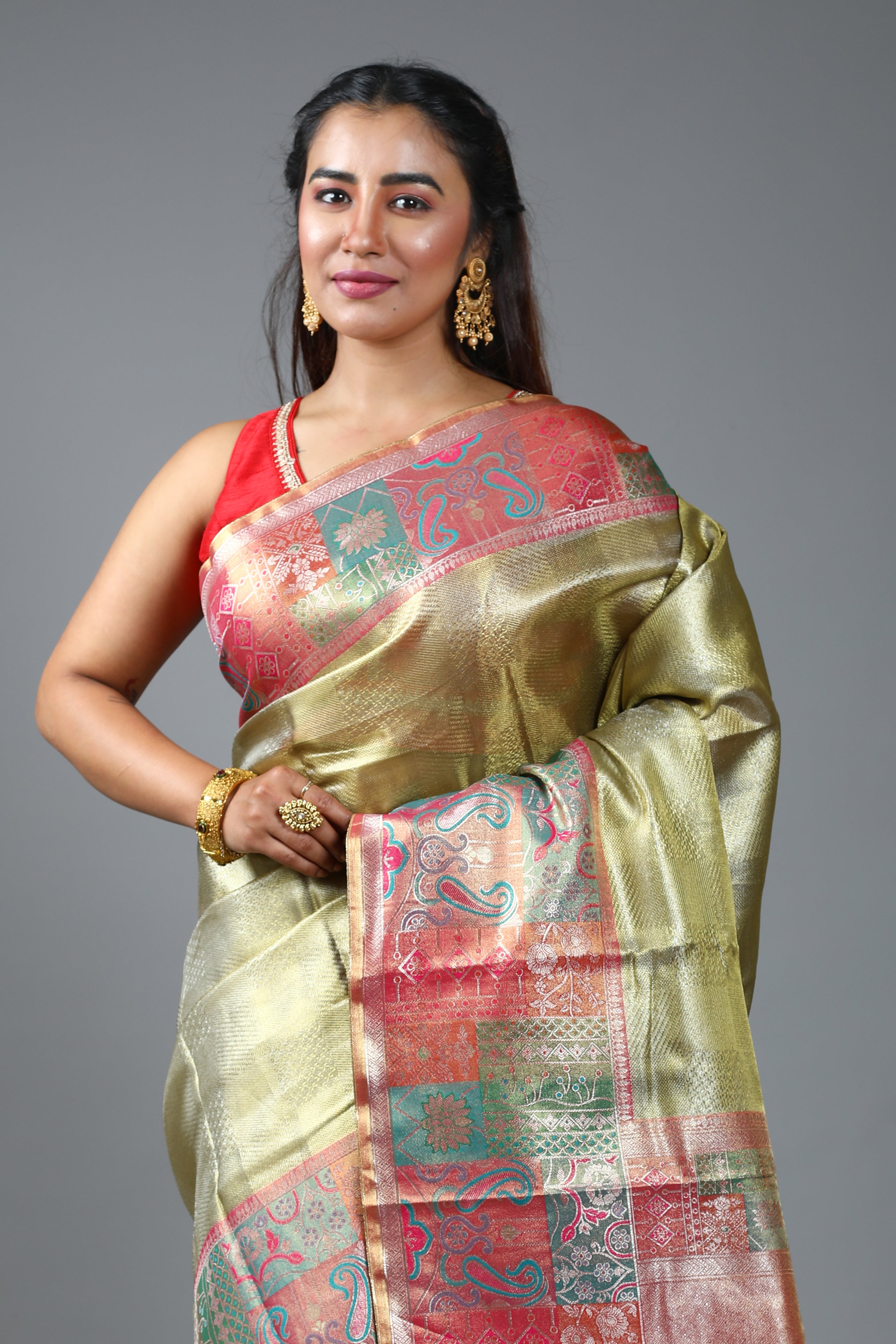 Olive Blended Tissue Kanjivaram Saree