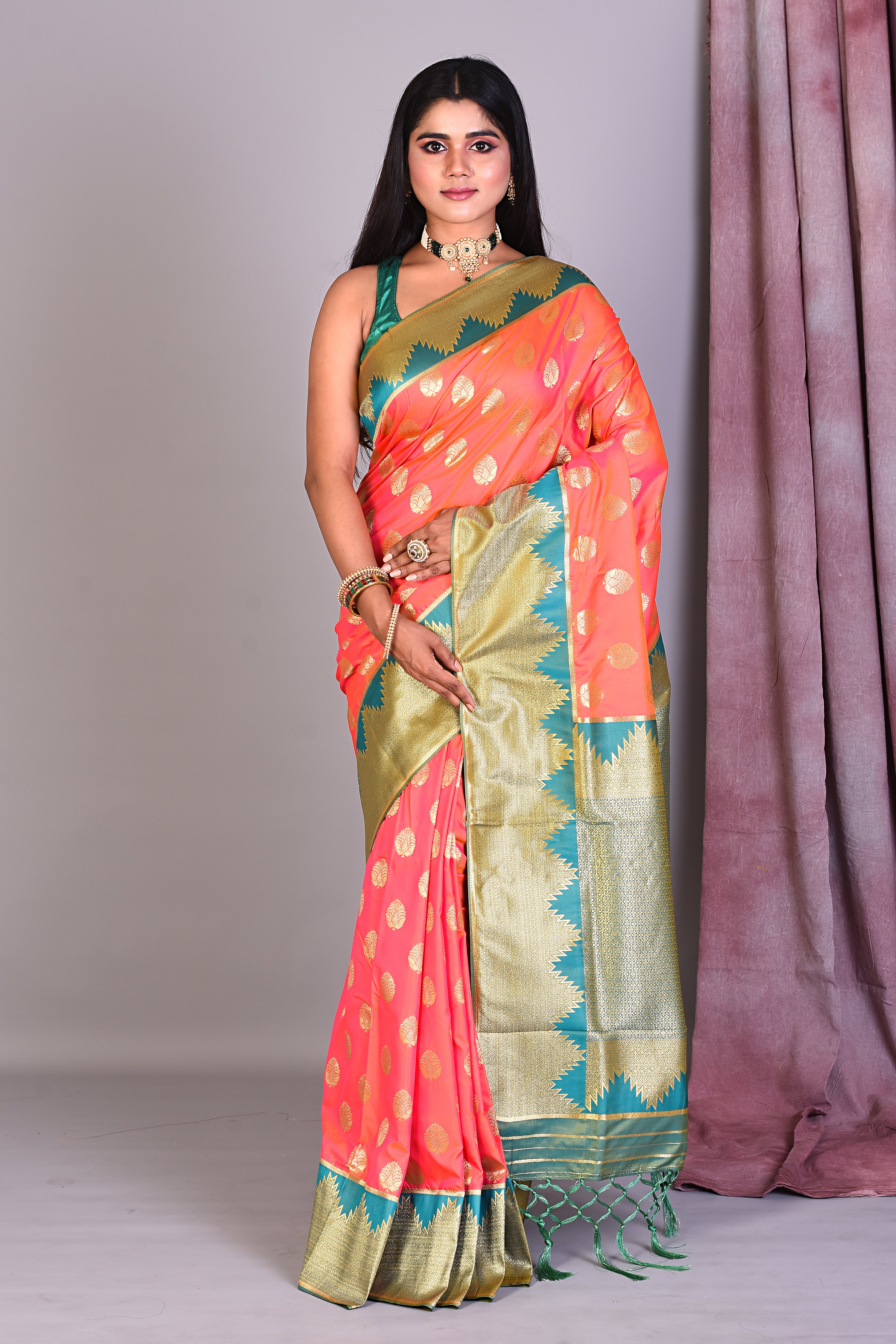 Pink Dual Tone Semi Katan Saree with Golden Zari - Keya Seth Exclusive