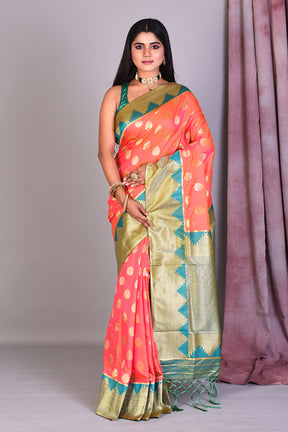 Pink Dual Tone Semi Katan Saree with Golden Zari - Keya Seth Exclusive