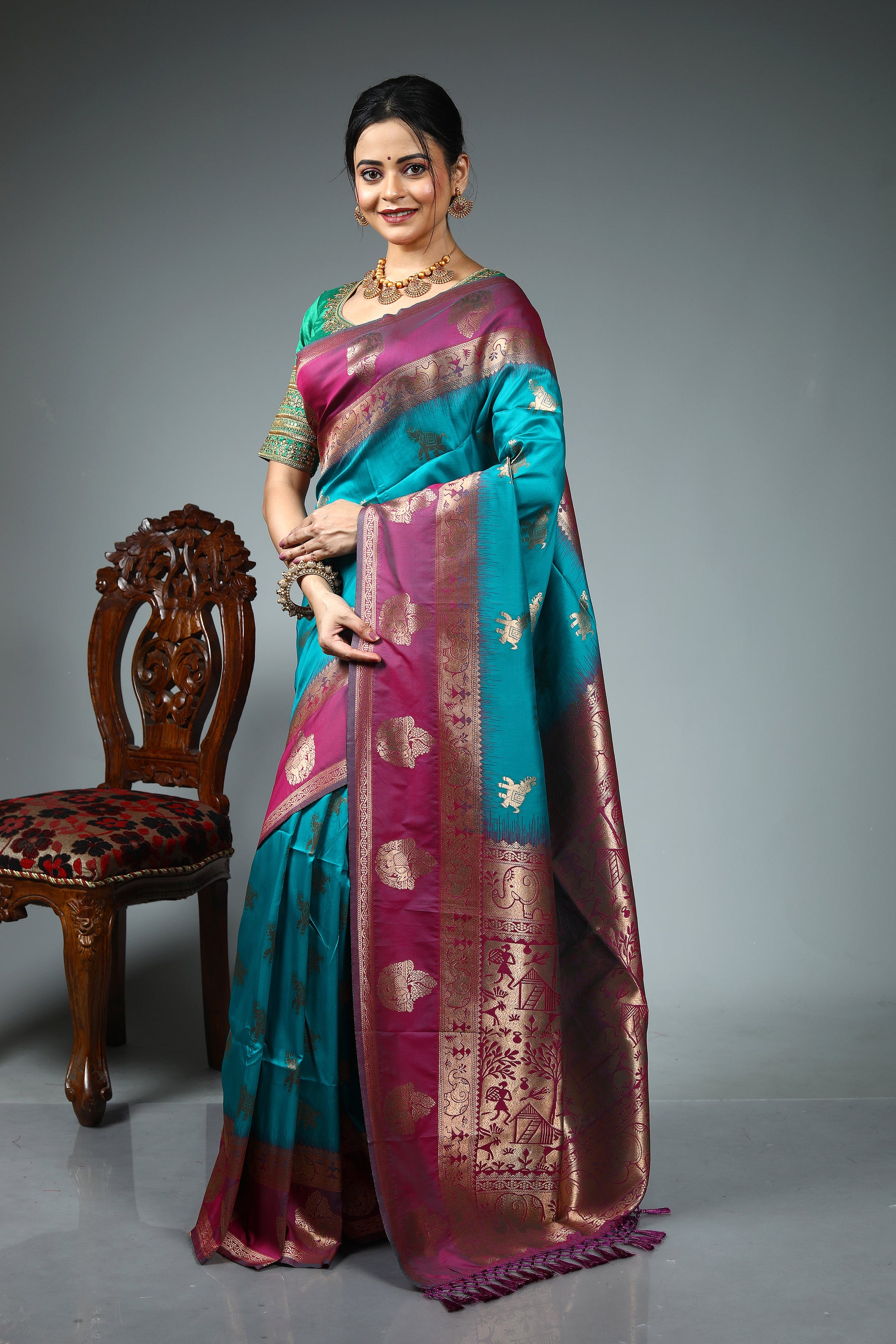 Sea Green Blended Katan Silk Saree