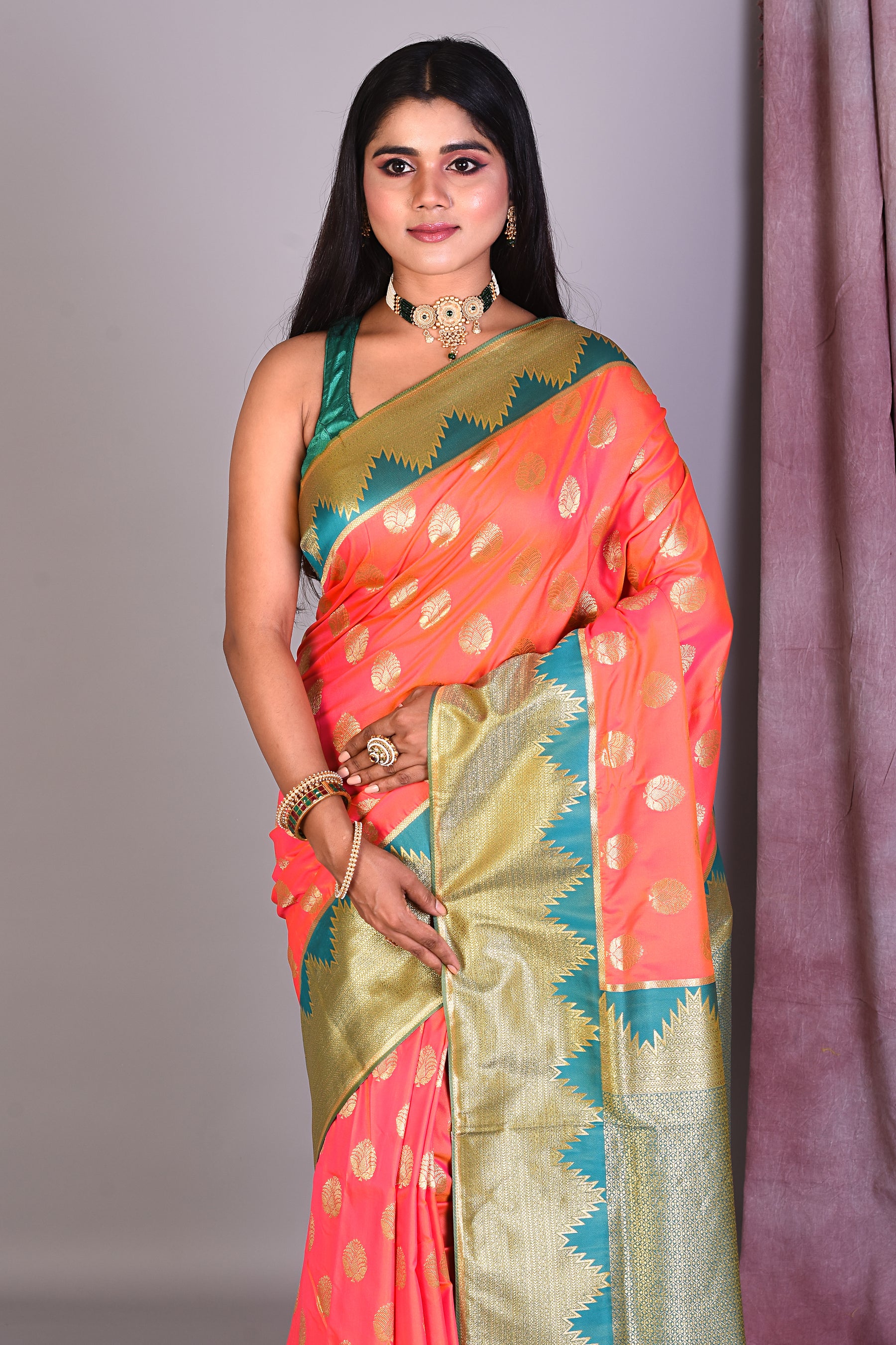 Pink Dual Tone Semi Katan Saree with Golden Zari - Keya Seth Exclusive