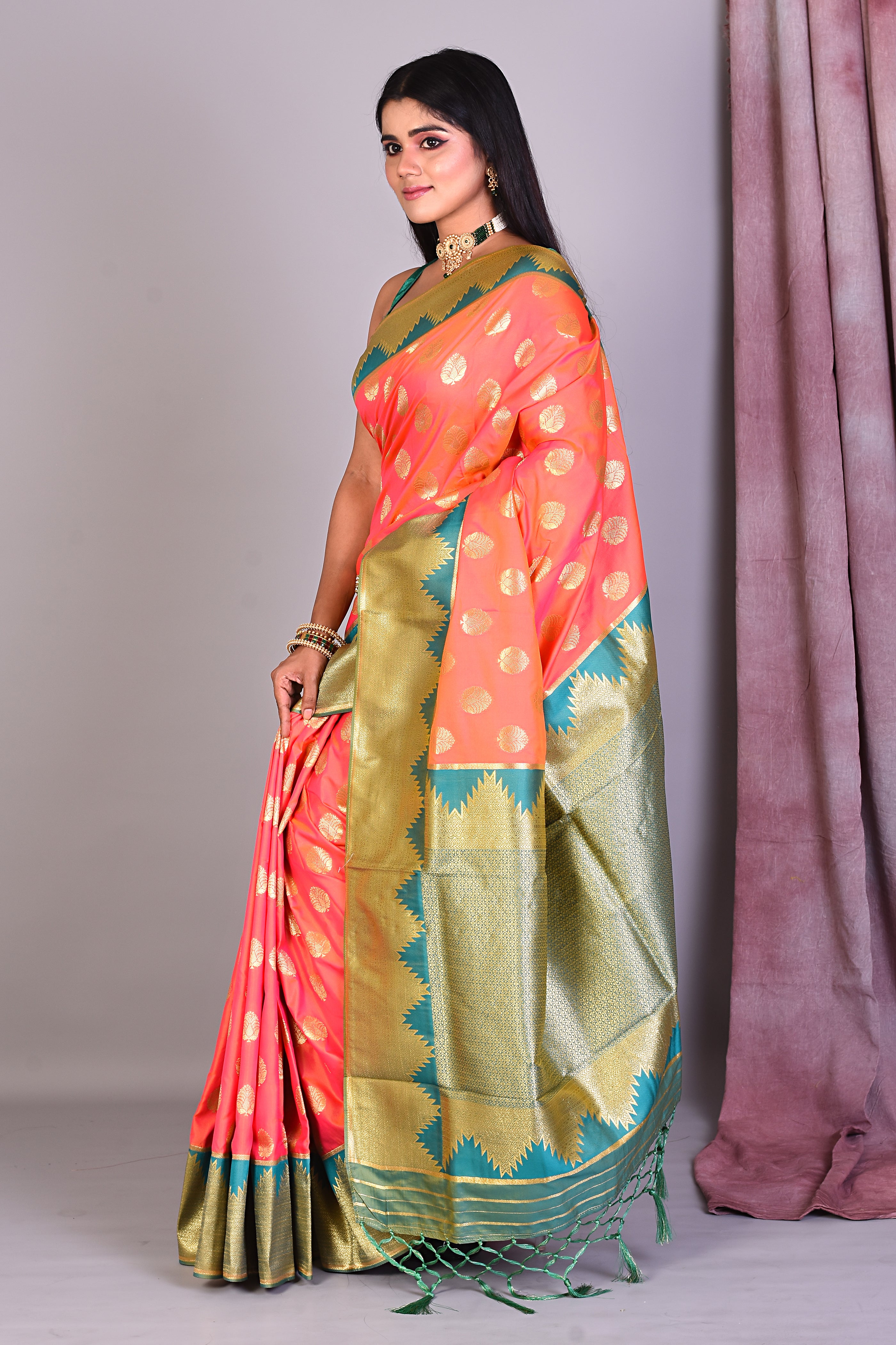 Pink Dual Tone Semi Katan Saree with Golden Zari - Keya Seth Exclusive