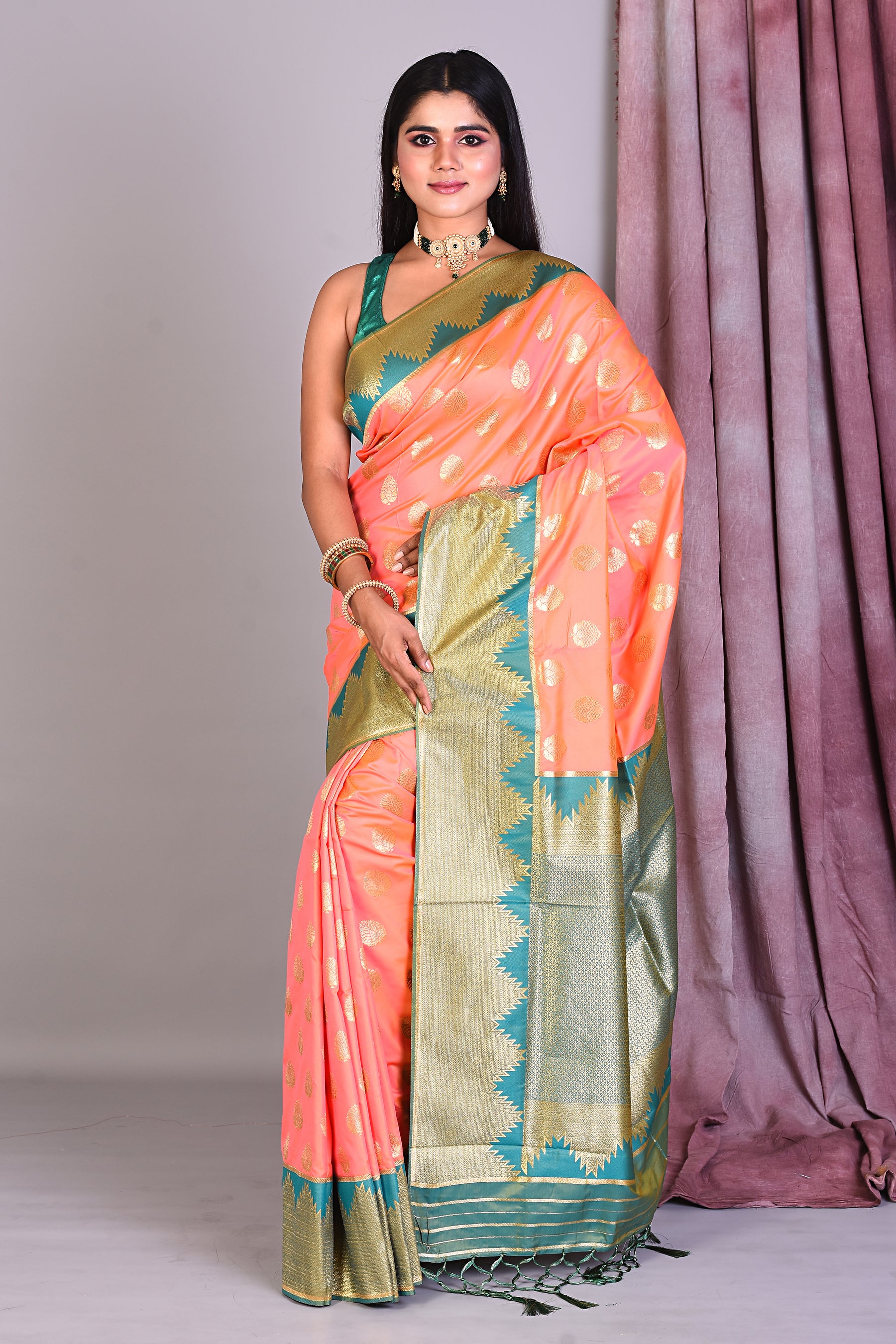 Orange Dual Tone Semi Katan Saree with Golden Zari - Keya Seth Exclusive