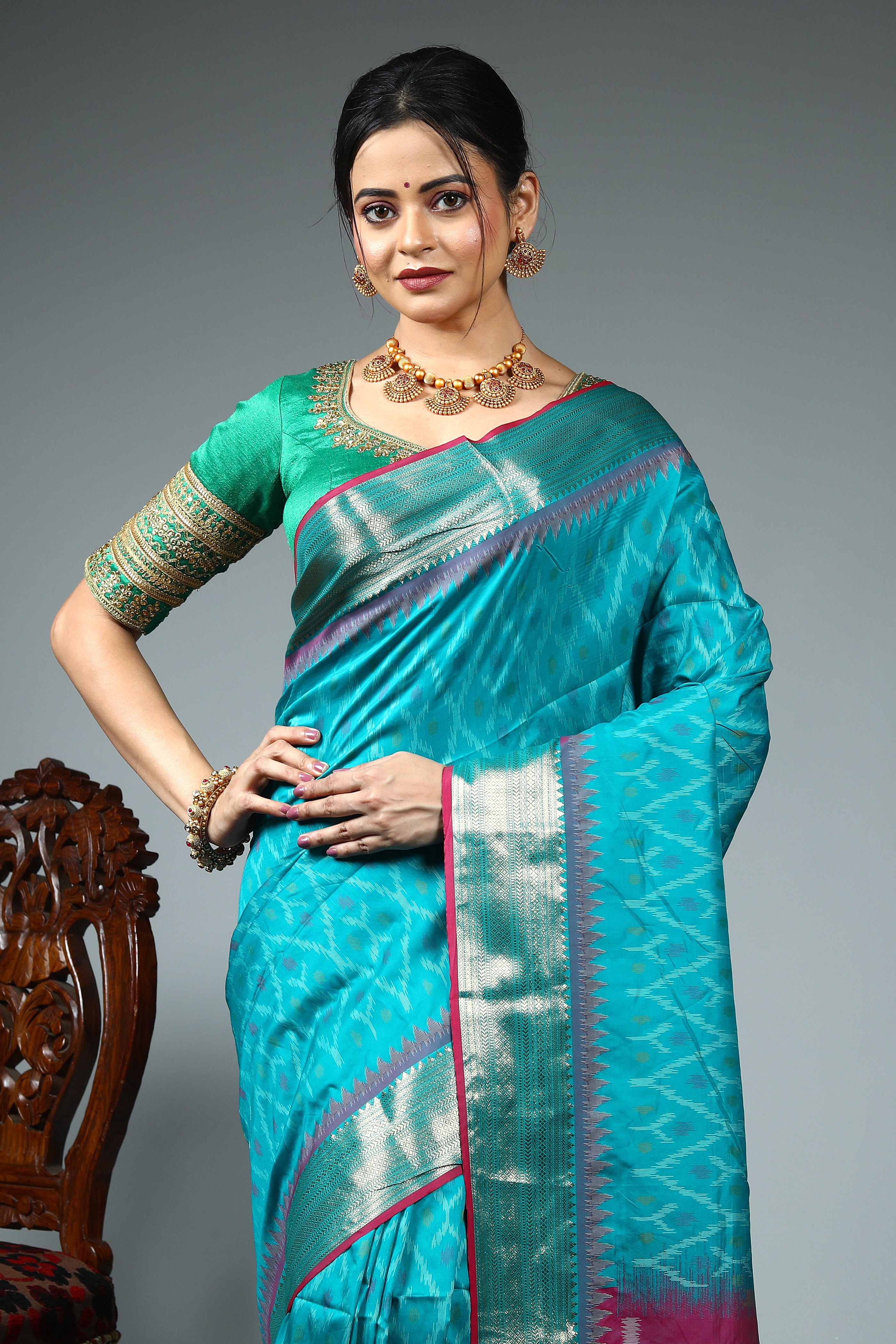 Sea Green Blended Ikkat Silk Saree