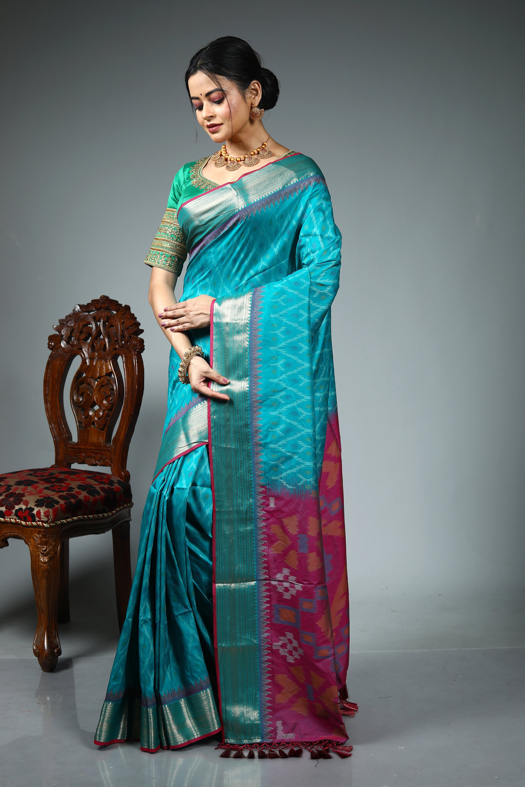 Sea Green Blended Ikkat Silk Saree