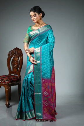 Sea Green Blended Ikkat Silk Saree