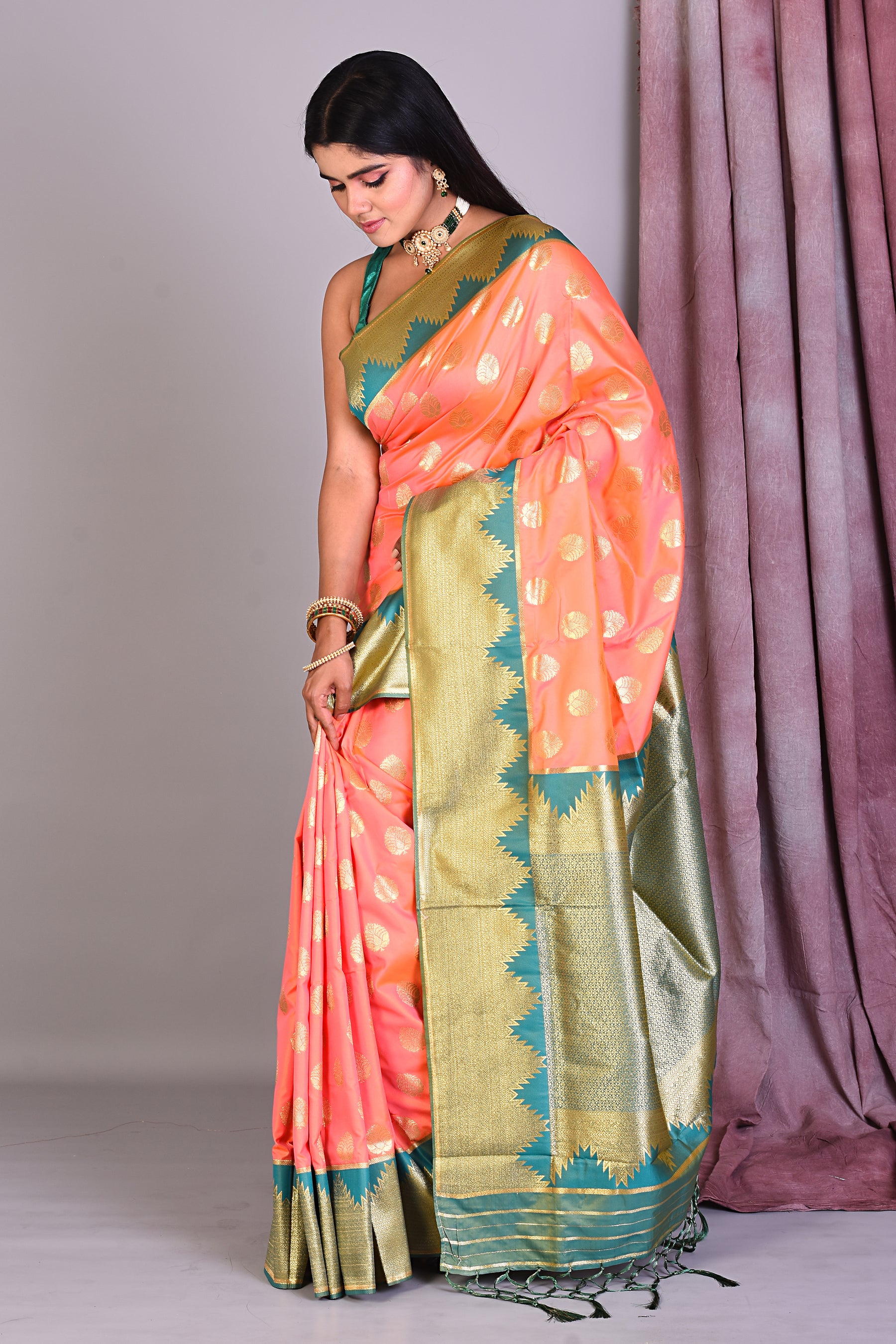 Orange Dual Tone Semi Katan Saree with Golden Zari - Keya Seth Exclusive